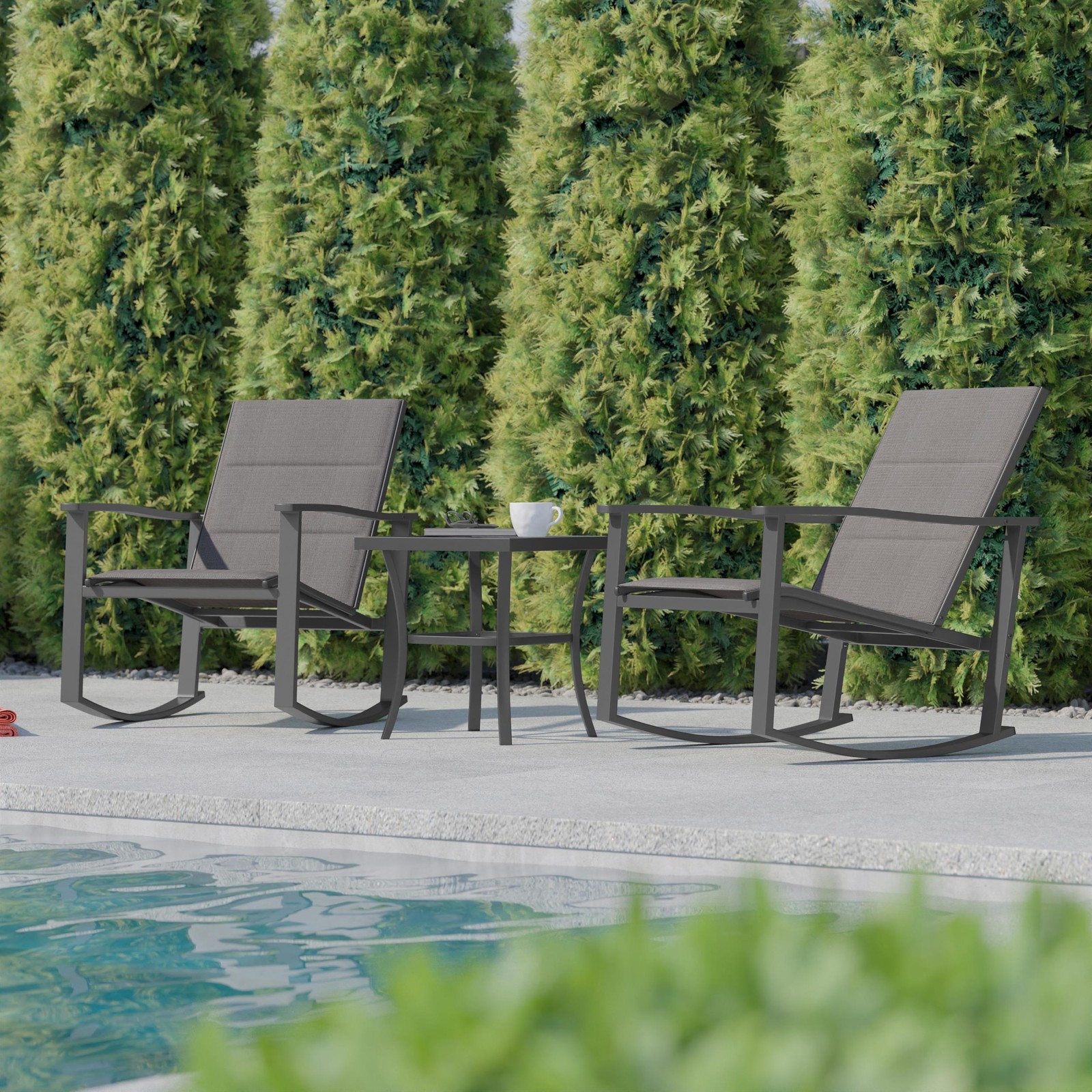 3 Piece All-Weather Rocking Chairs and Glass Top Table Bistro Set – Gray/Black