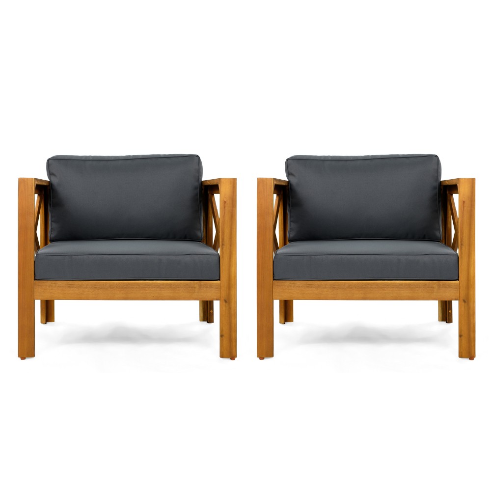 Set of 4 Weatherproof Acacia Club Chairs w/ Gray Outdoor Cushions