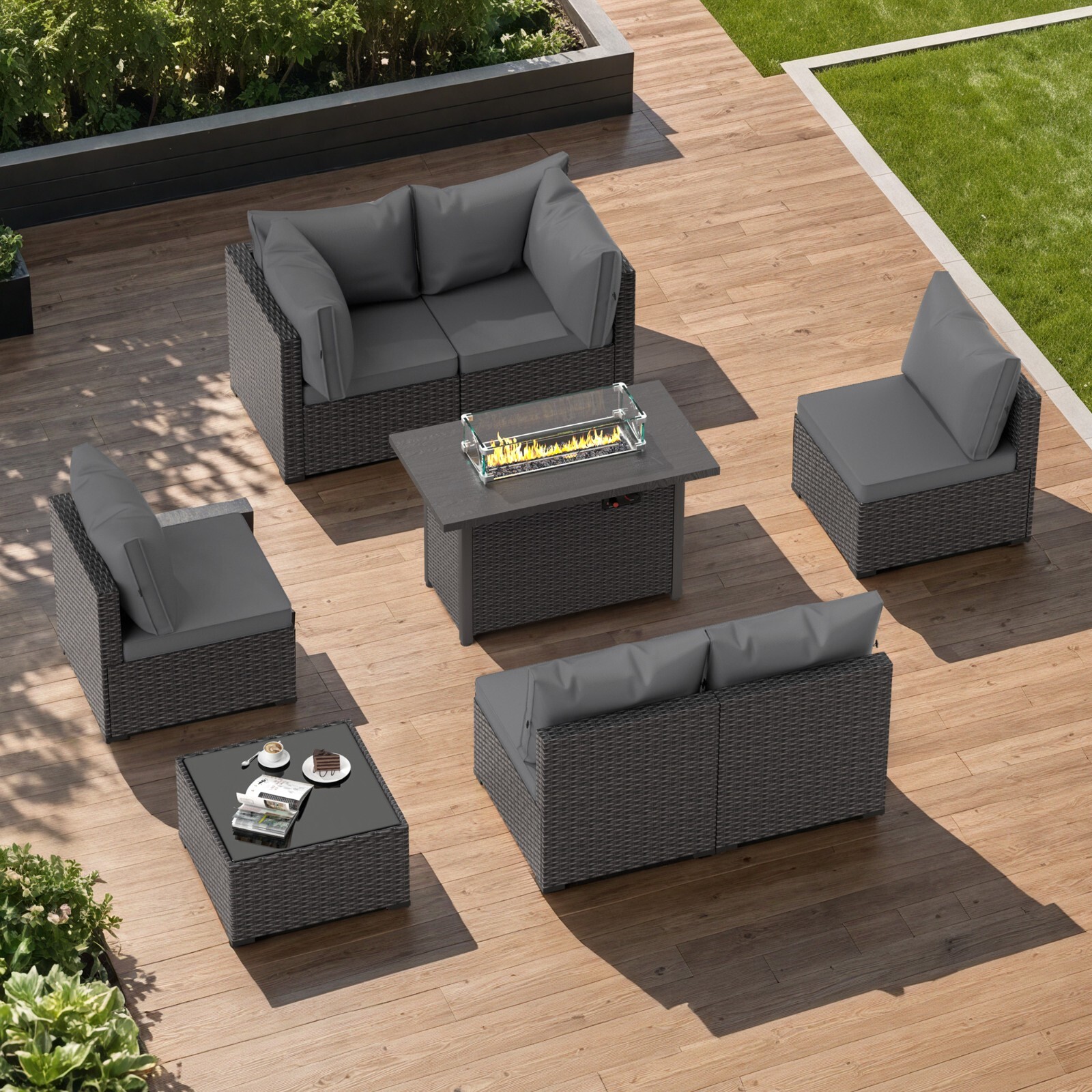 Gray Outdoor 8 Pieces Patio Furniture Set with Propane Fire Pit Table And Sofa