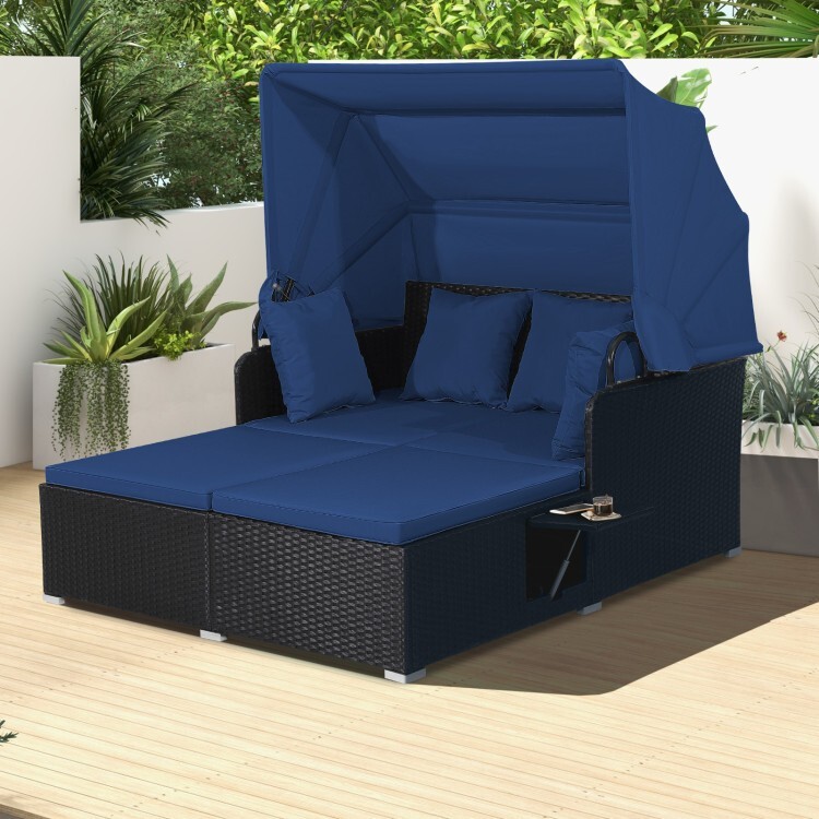 Outdoor Patio Rattan Daybed Lounge Retractable Canopy Side Table W/ Navy Cushion