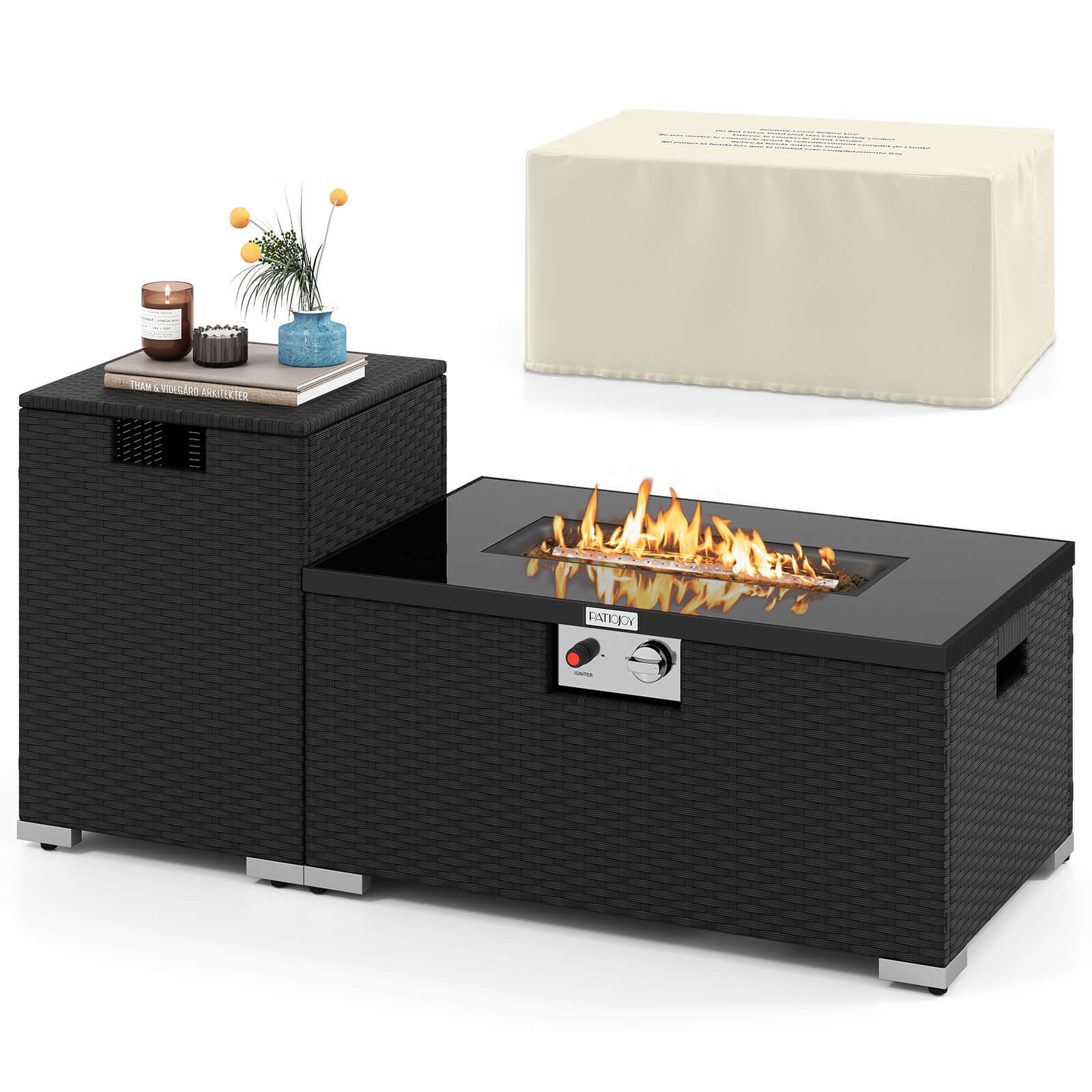 2 PCS Outdoor Rattan Fire Table Set w/ Tank Cover Tempered Glass Tabletop