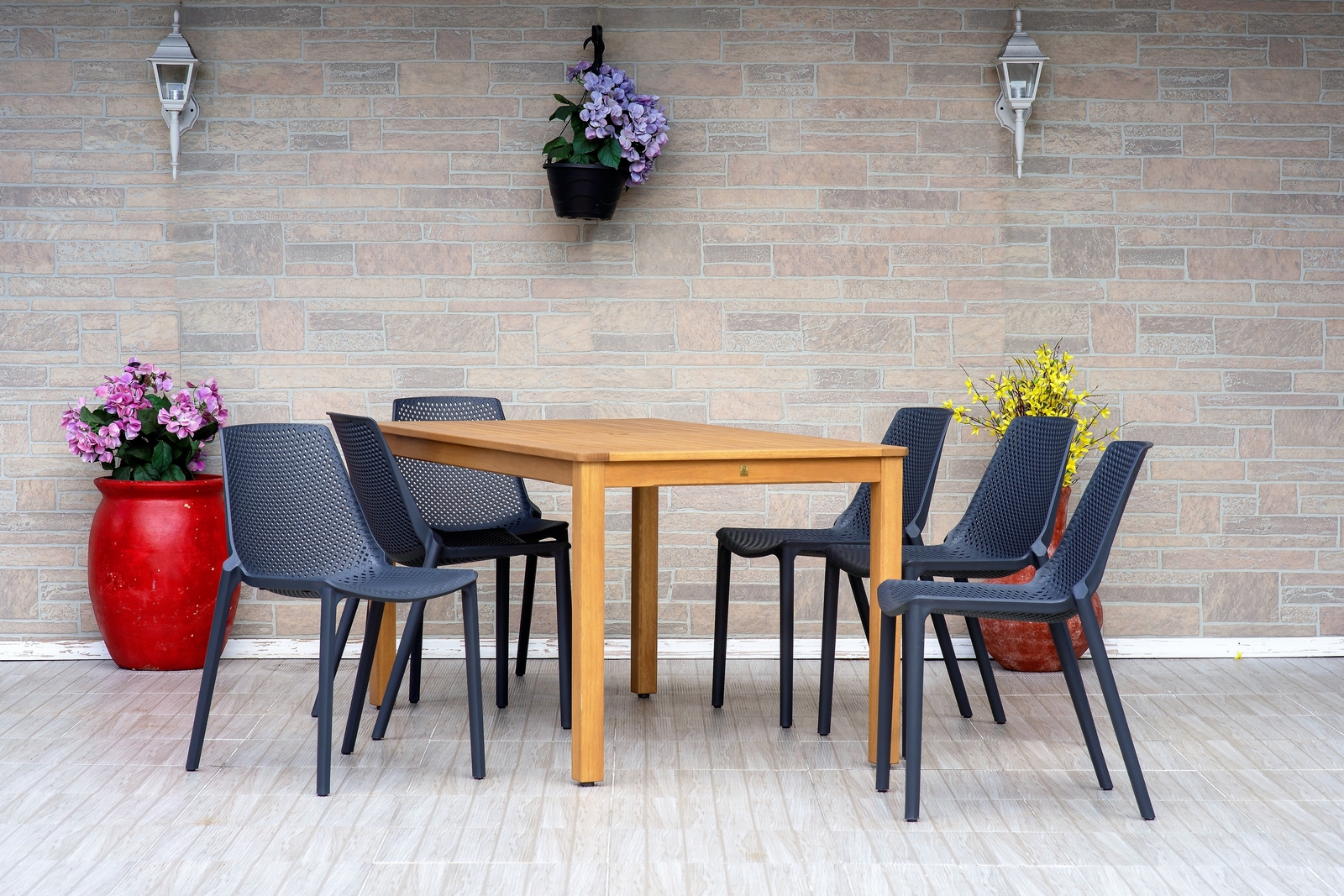 Amazonia Neuvy 7-Piece Outdoor Dining Set | Teak Finish | Grey Chairs