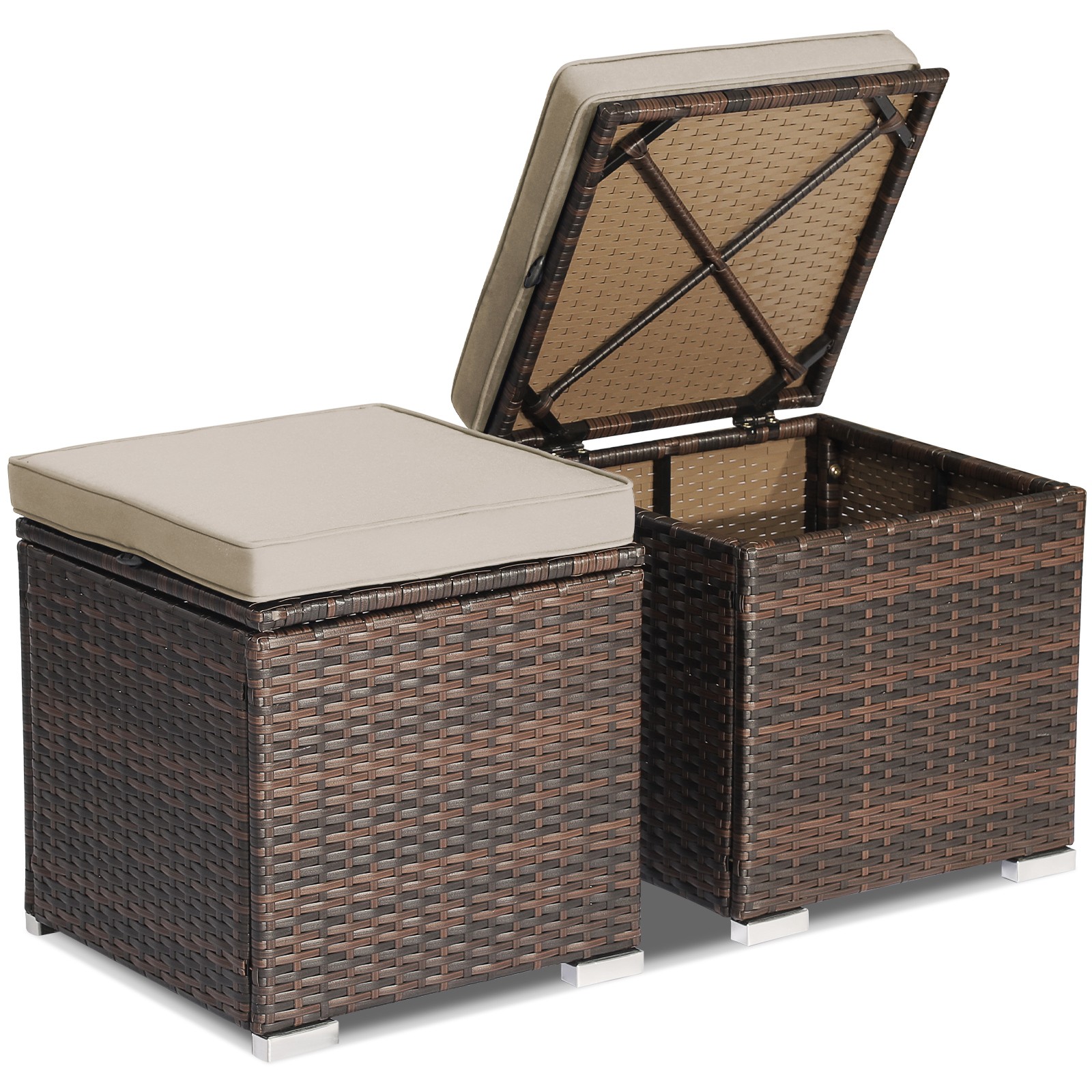 2PCS Patio Rattan Ottomans Seat Side Table Storage Box Footstool W/Cushion Beige