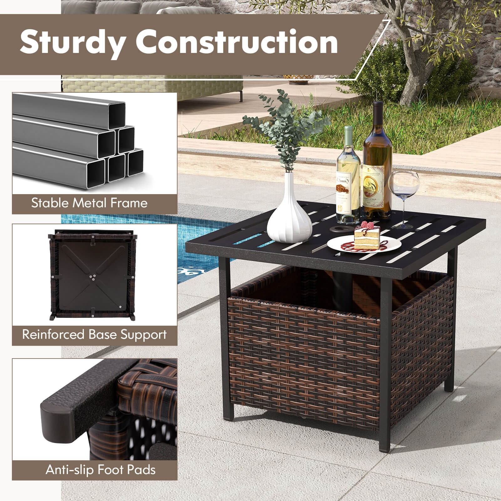 Rattan Side Table Outdoor Patio Wicker End Tea Coffee Table w/ Umbrella Hole