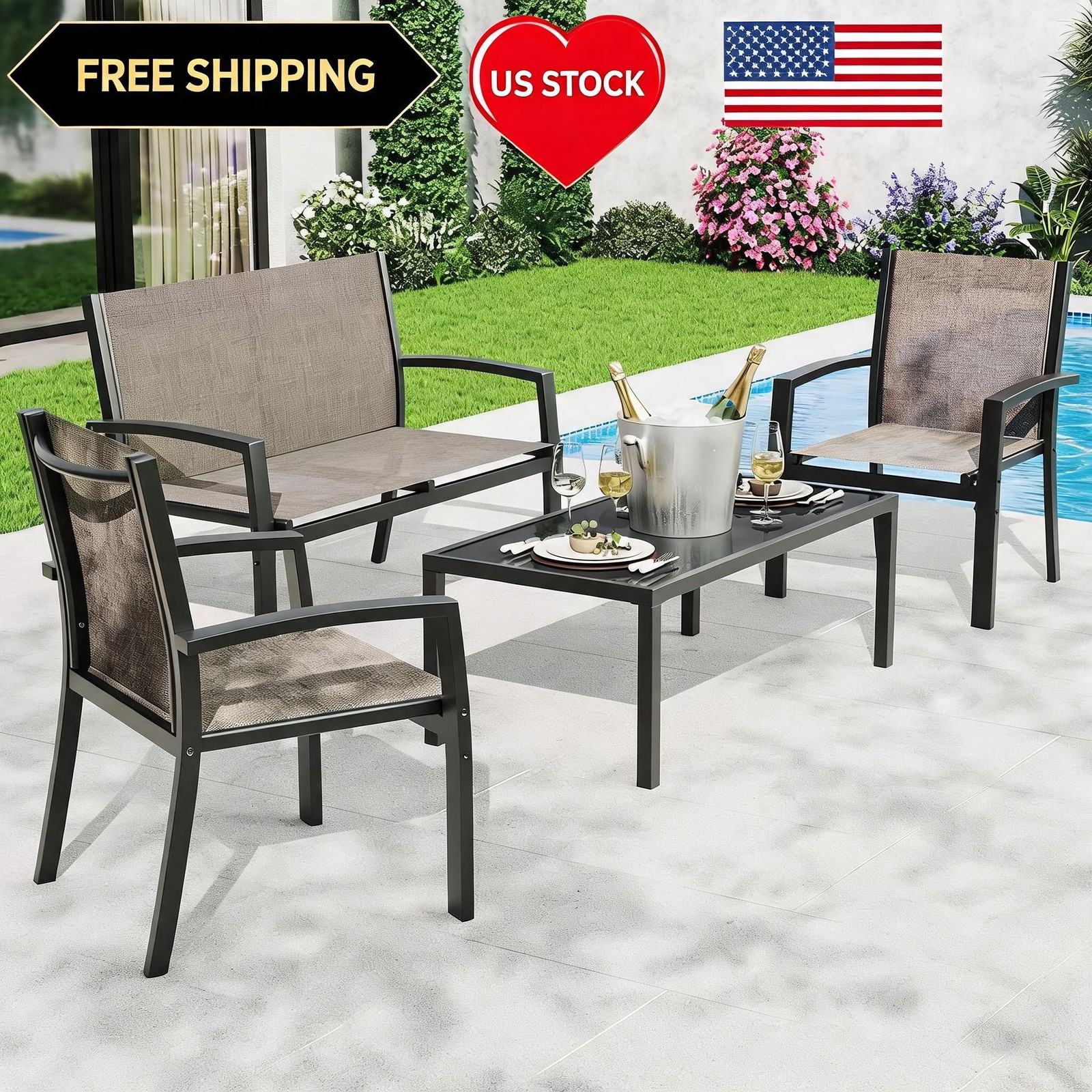 Patio Bistro Furniture Set, Outdoor Conversation Set with 3 Chairs Brown Piece 4