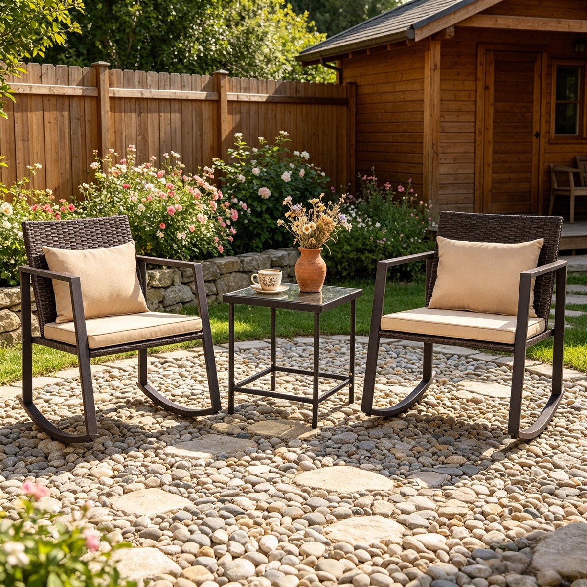 3-Piece Outdoor Wicker Rocking Chair Set Conversation Furniture with Side Table