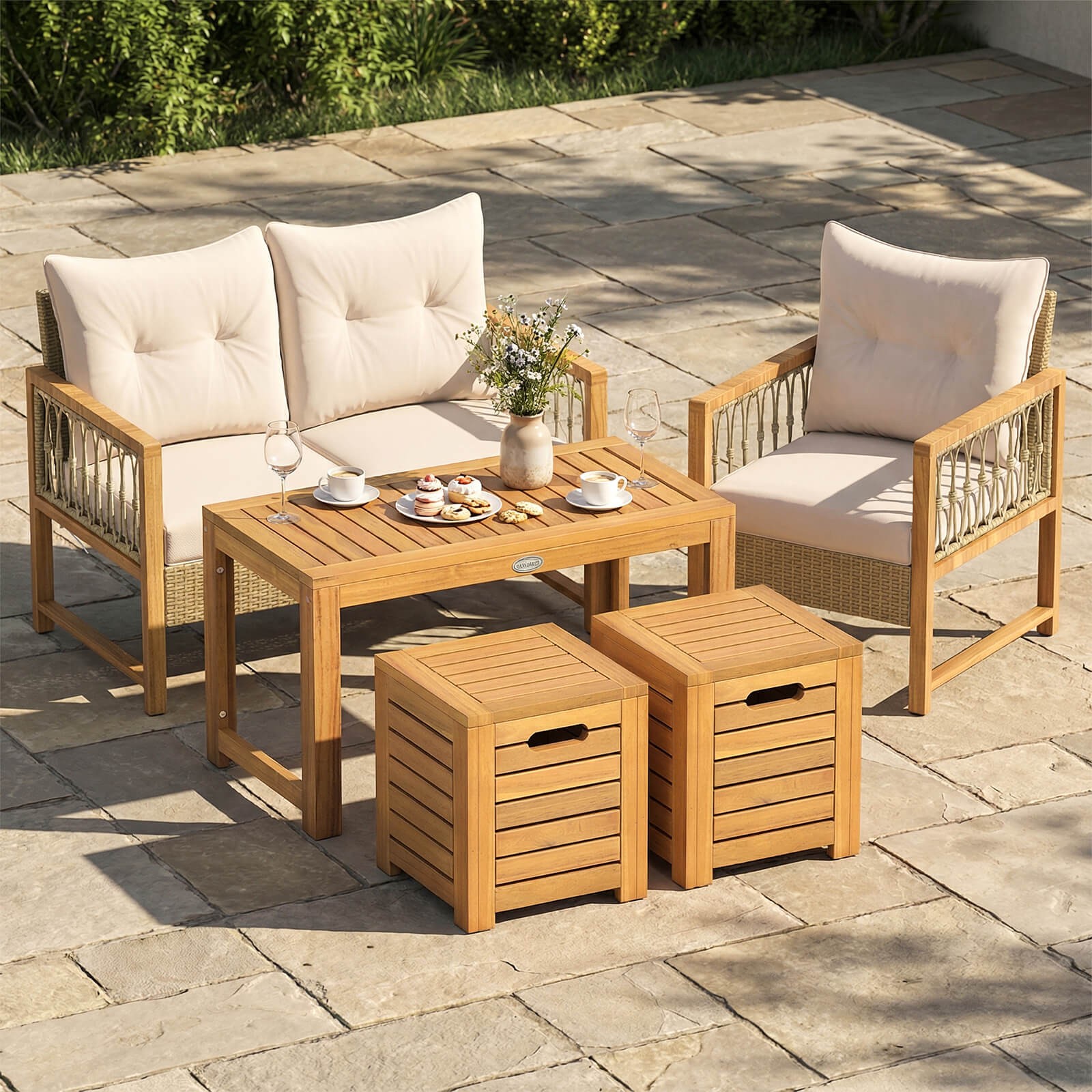 3PCS Patio Rectangular Table and Stools Set w/Hidden Storage Space for Balcony