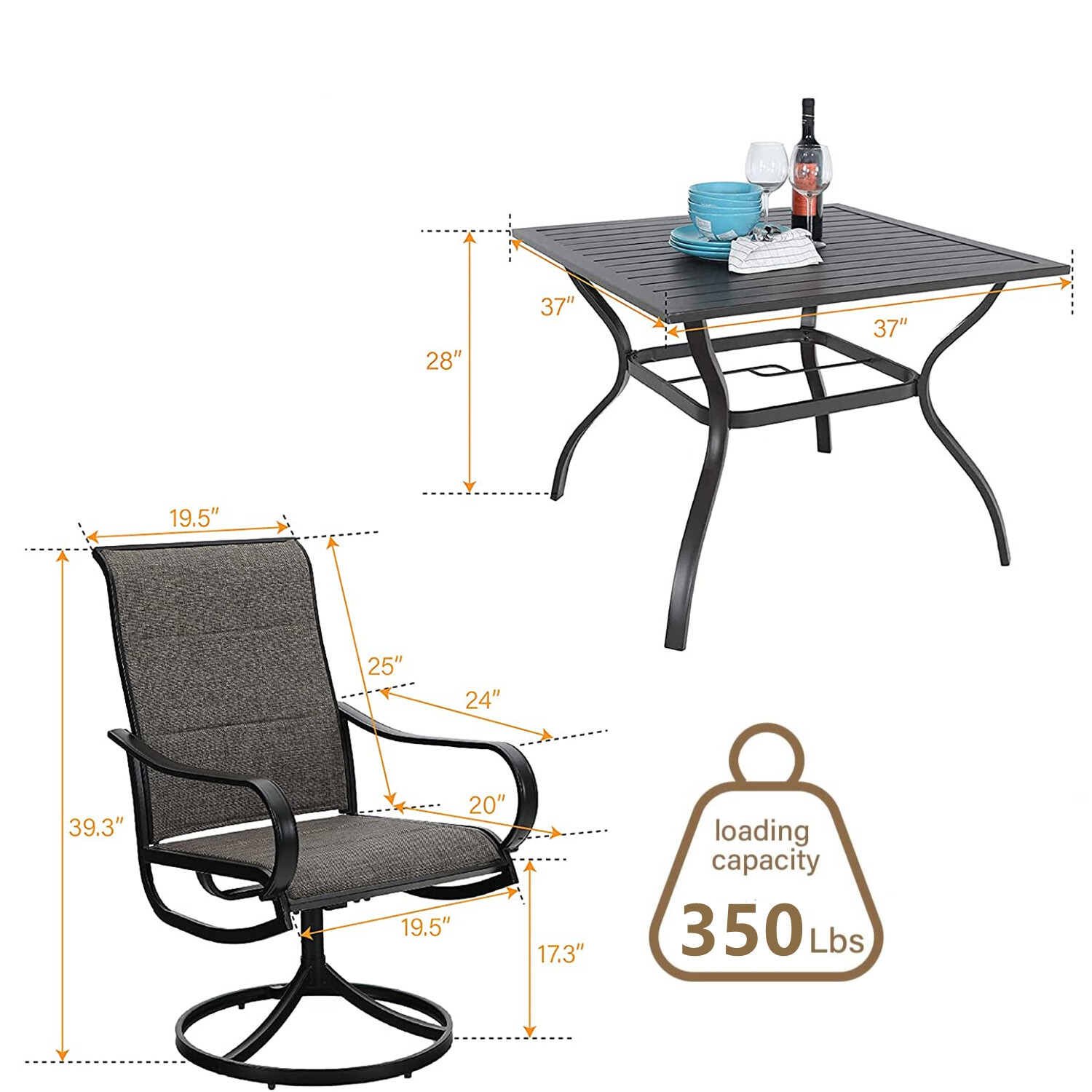 5 Piece Patio Furniture Set Swivel Chairs Set of 4 Outdoor Dining Table Metal