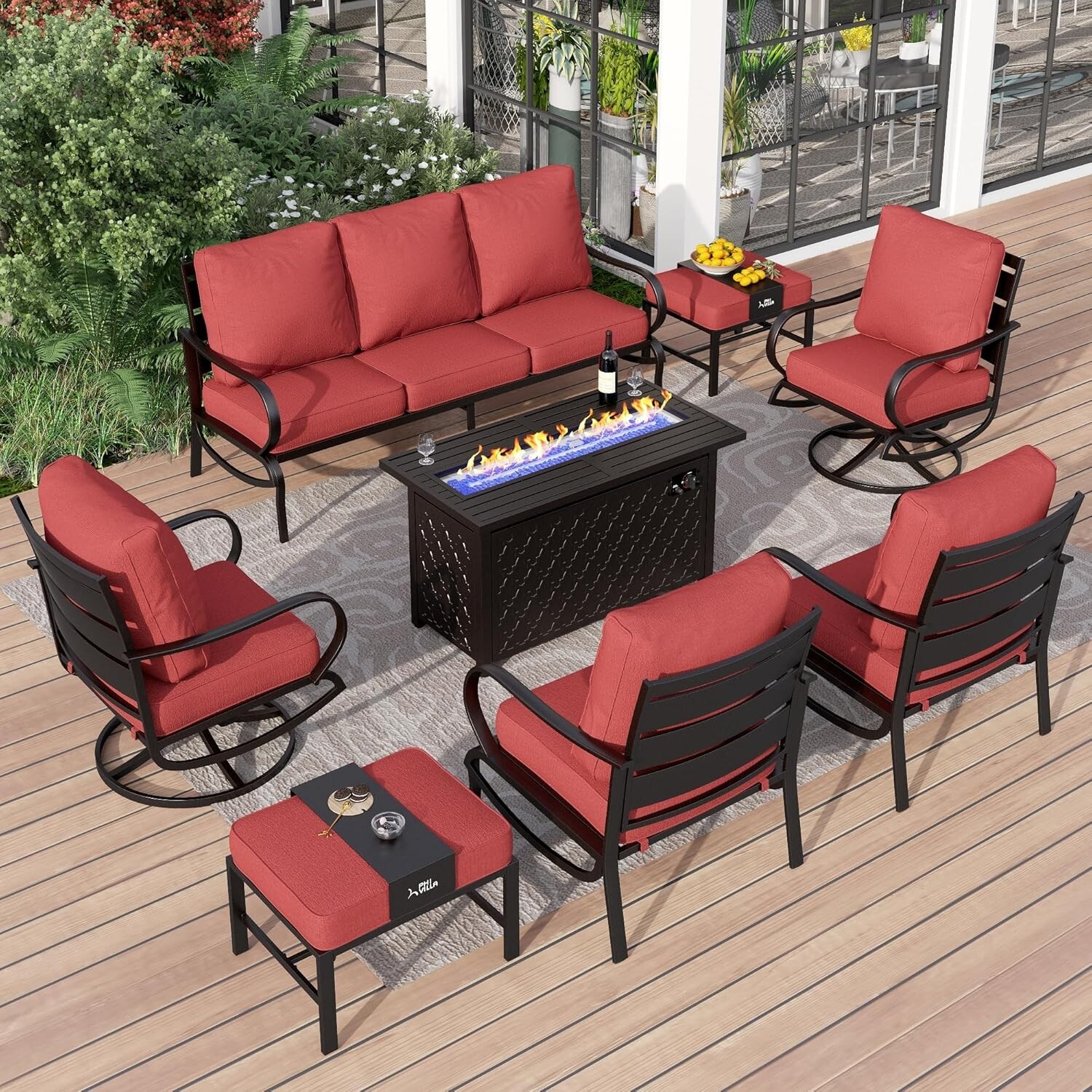 8Pcs Patio Furniture Sets Outdoor Conversation Set Sofa with 45″ Fire Pit Table