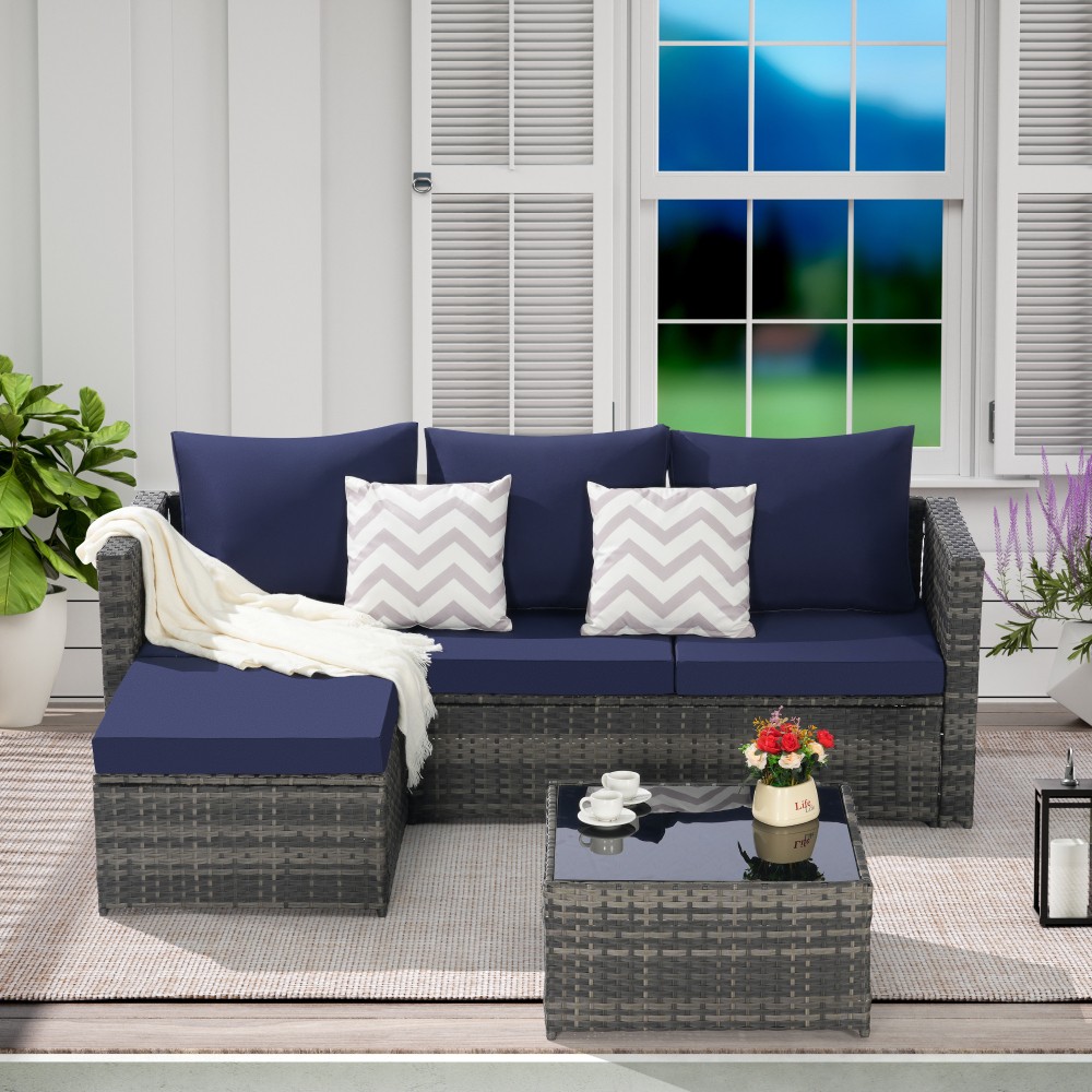 Outdoor Wicker Sectional Sofa Set with Ottoman, 4-Piece, Dark Blue