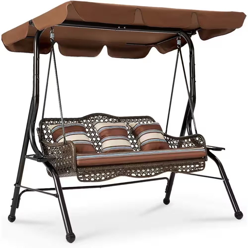 Brown 3-Person Wicker Outdoor Patio Swing with Cushion and Pillows