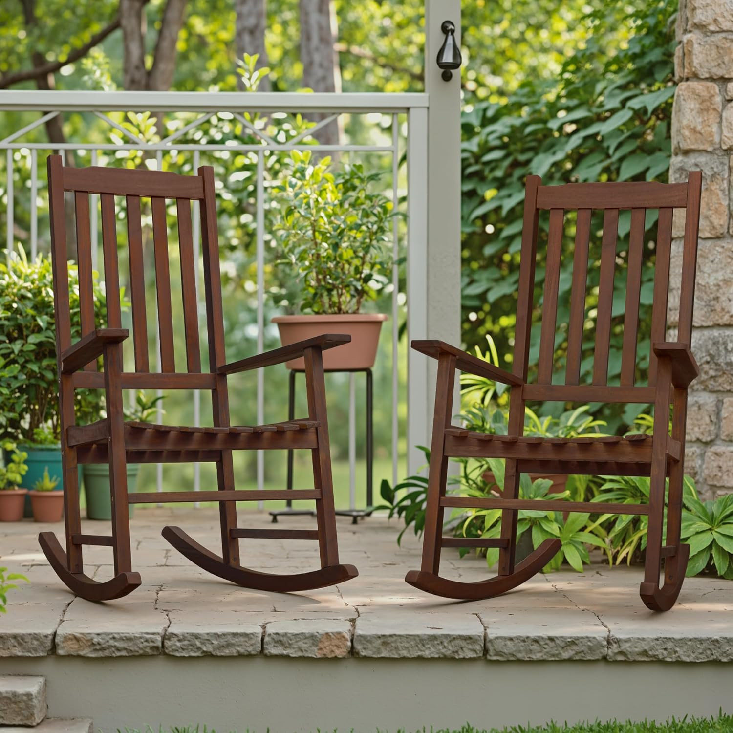 Acacia Wood Patio Rocking Chair Set of 2, High Back and Widen Armrest for Adults