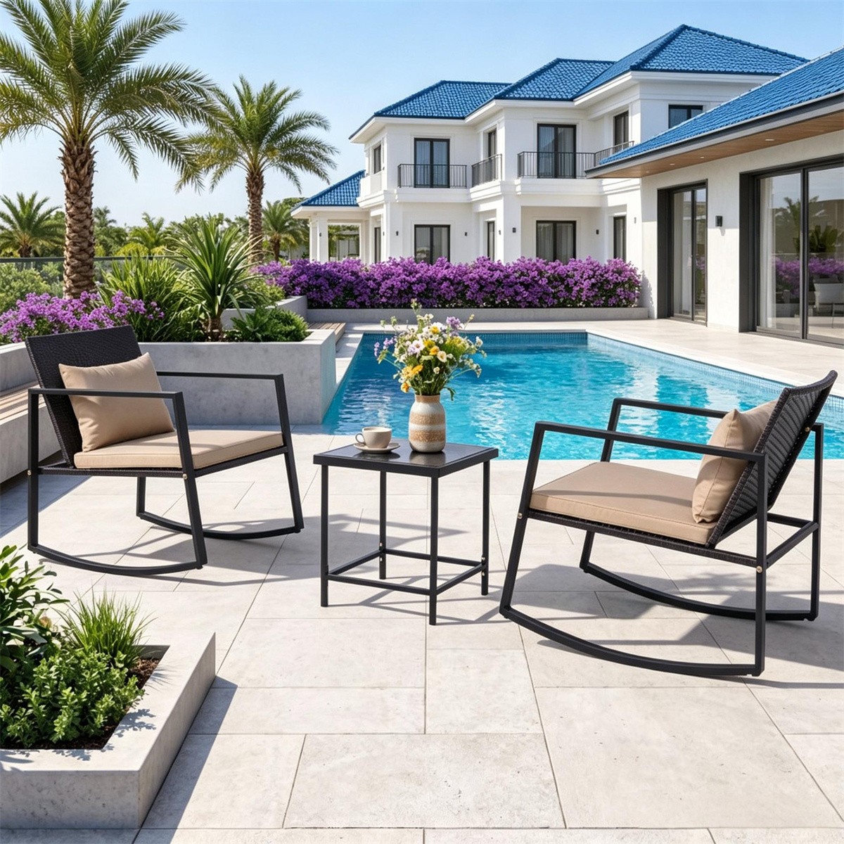 3-Piece Outdoor Wicker Rocking Chair Set Conversation Furniture with Side Table