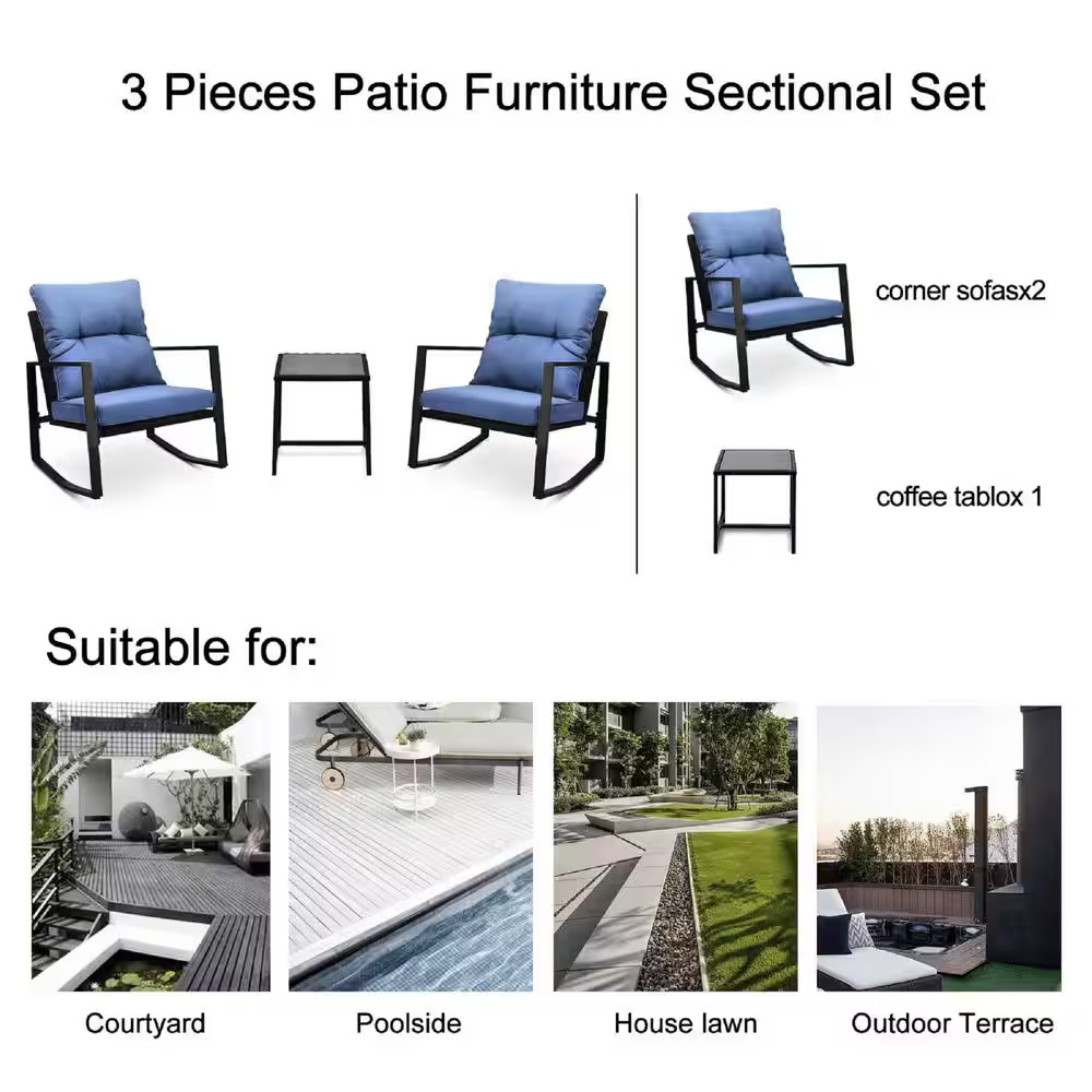 3-Pieces Wicker Outdoor Patio Bistro Set Outdoor Rocking Chair with Blue Cushion