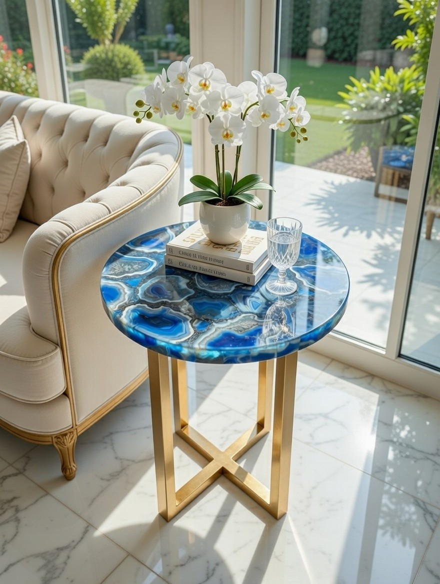 Blue Agate Corner Table Top – Natural Stone Luxury Side Table, Handmade Gemstone