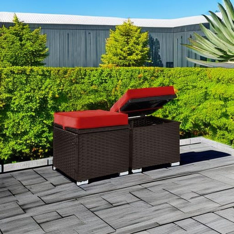 Red/Brown Wicker Ottomans Set of 2 – Versatile Outdoor Furniture with Storage