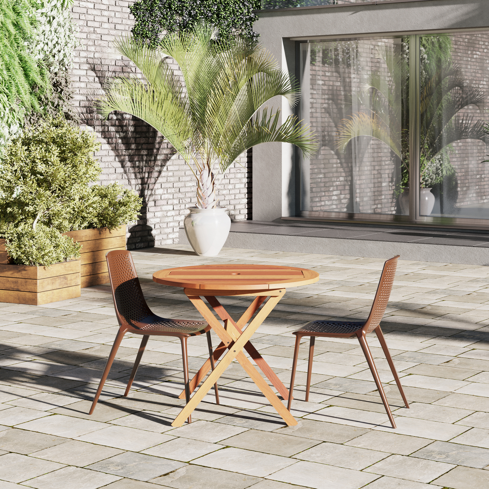 Amazonia Blomard 3-Piece Outdoor Dining Set | Eucalyptus | Brown Chairs