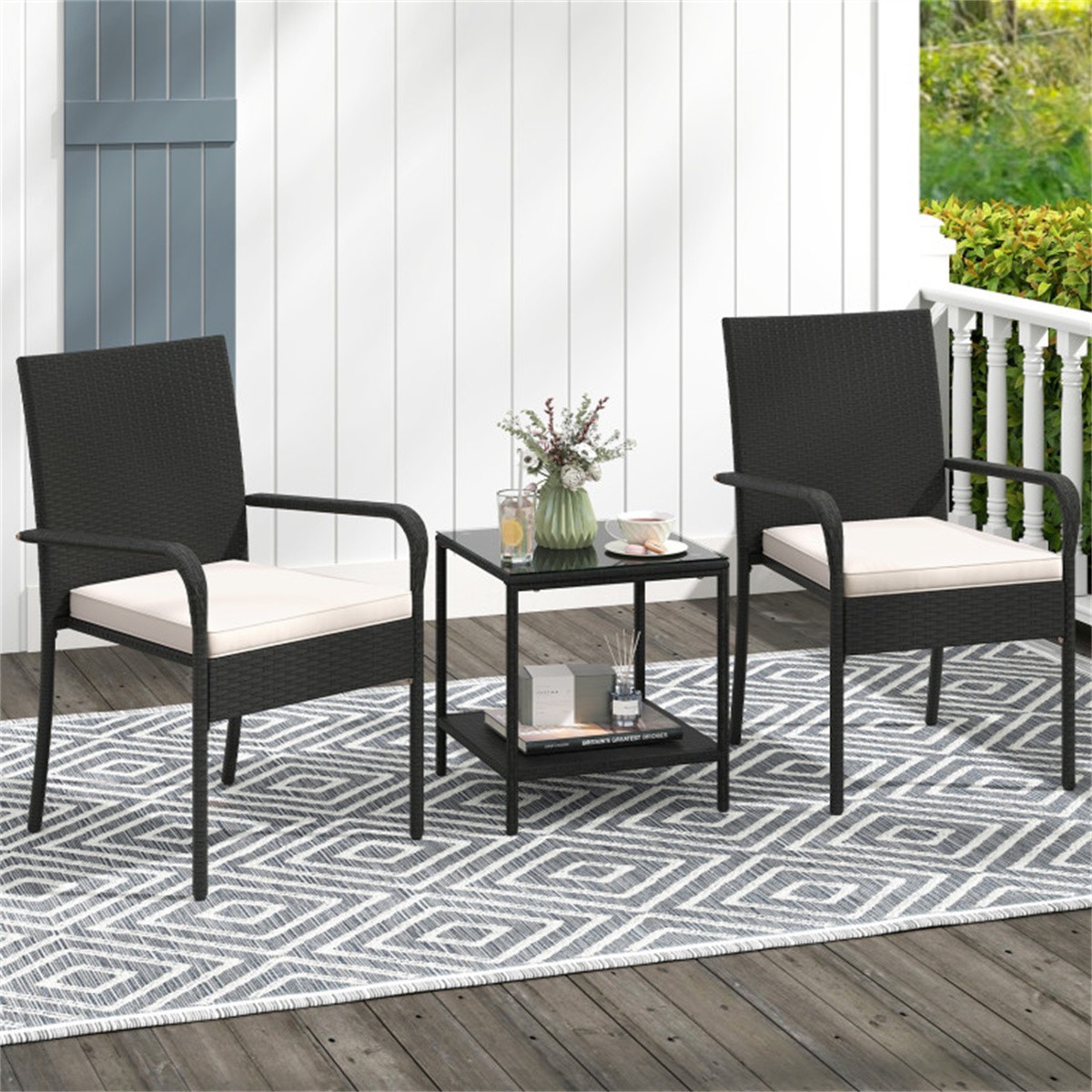 3-Piece Patio PE Wicker Bistro Set 2-Tier Side Table Outdoor Chair Set