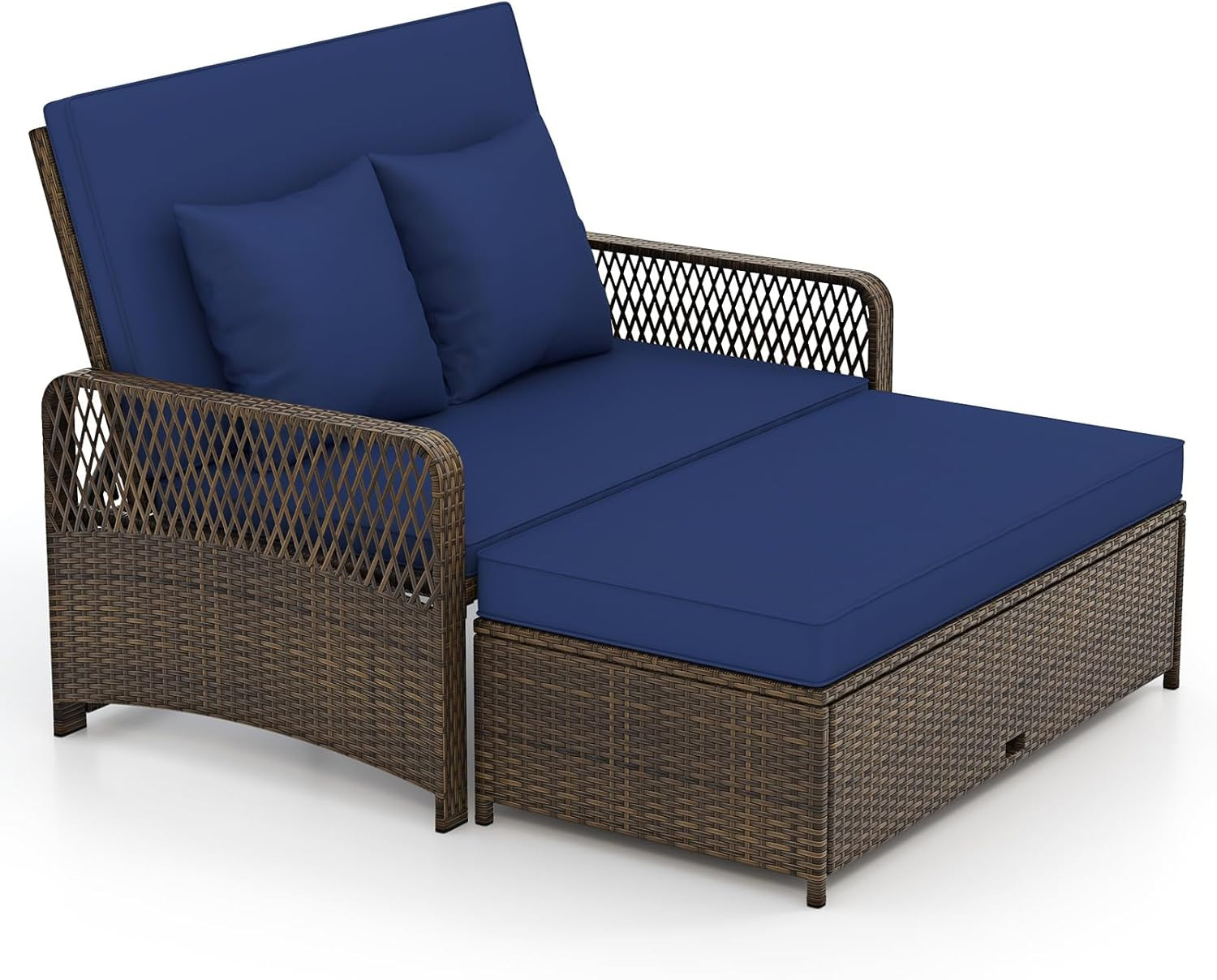 Navy Rattan Daybed with Adjustable Backrest & Storage Ottoman for 2 People