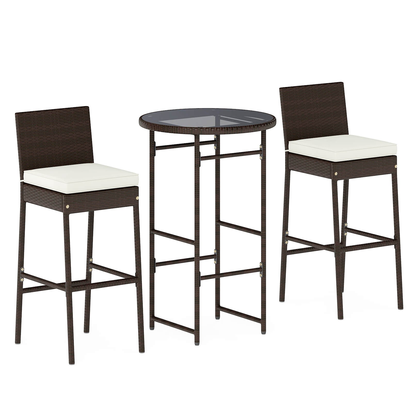3 Piece Outdoor Bar Set Patio Rattan Bar Height Table & Chairs w/ Glass Tabletop