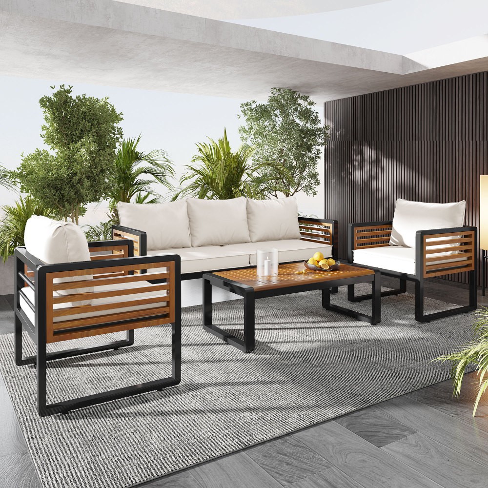 5-Person Outdoor Patio Conversation Set with Beige Cushions & Acacia Table