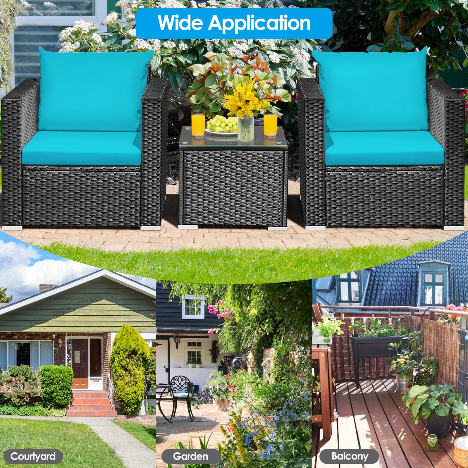 3PCS Rattan Patio Conversation Furniture Set Outdoor w/ Turquoise Cushions
