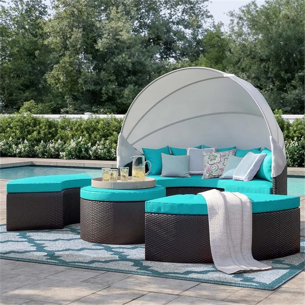 Bowery Hill Canopy Aluminum and Rattan Patio Daybed in Turquoise/Espresso