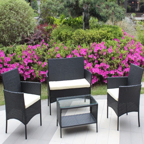 4 PC Rattan Patio Furniture Set Outdoor Patio Cushioned Seat Wicker Sofa
