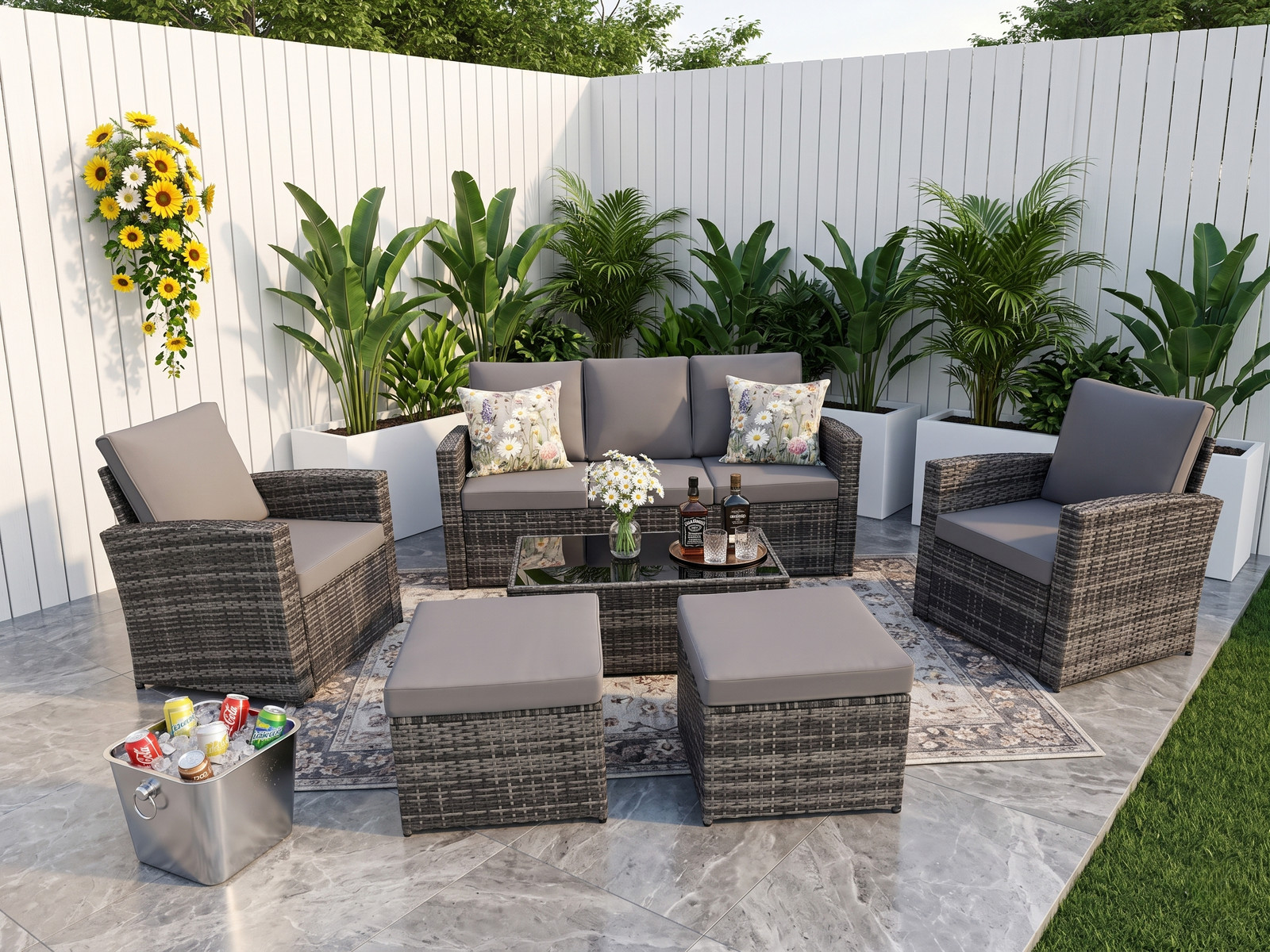 Outdoor Patio Rattan Sofa Set w/ Cushions, Light Gray, Seats 6