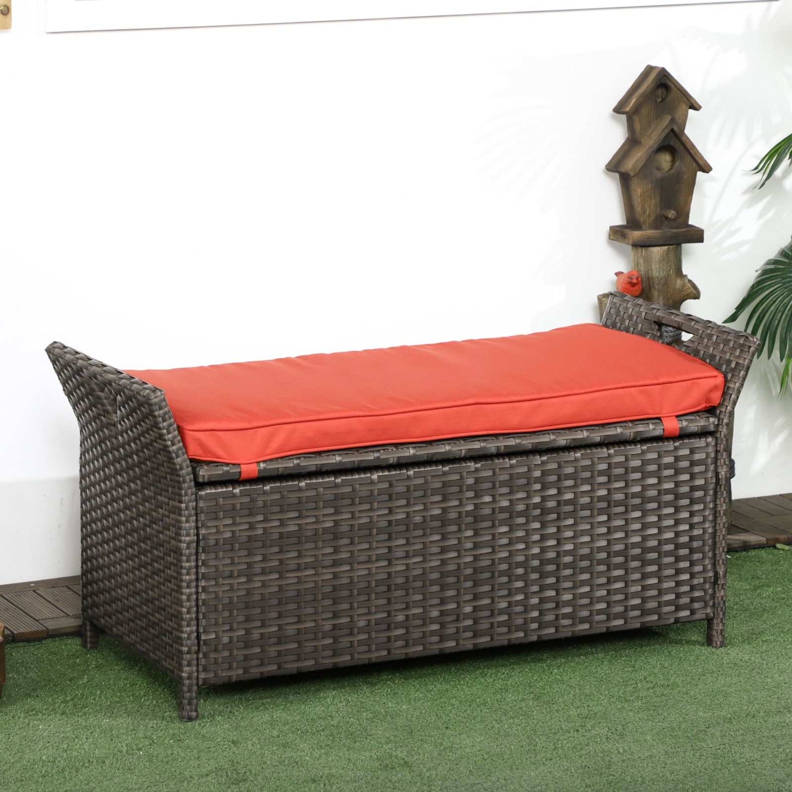 29 Gallon Patio Wicker Storage Bench, Outdoor PE Rattan Patio Furniture