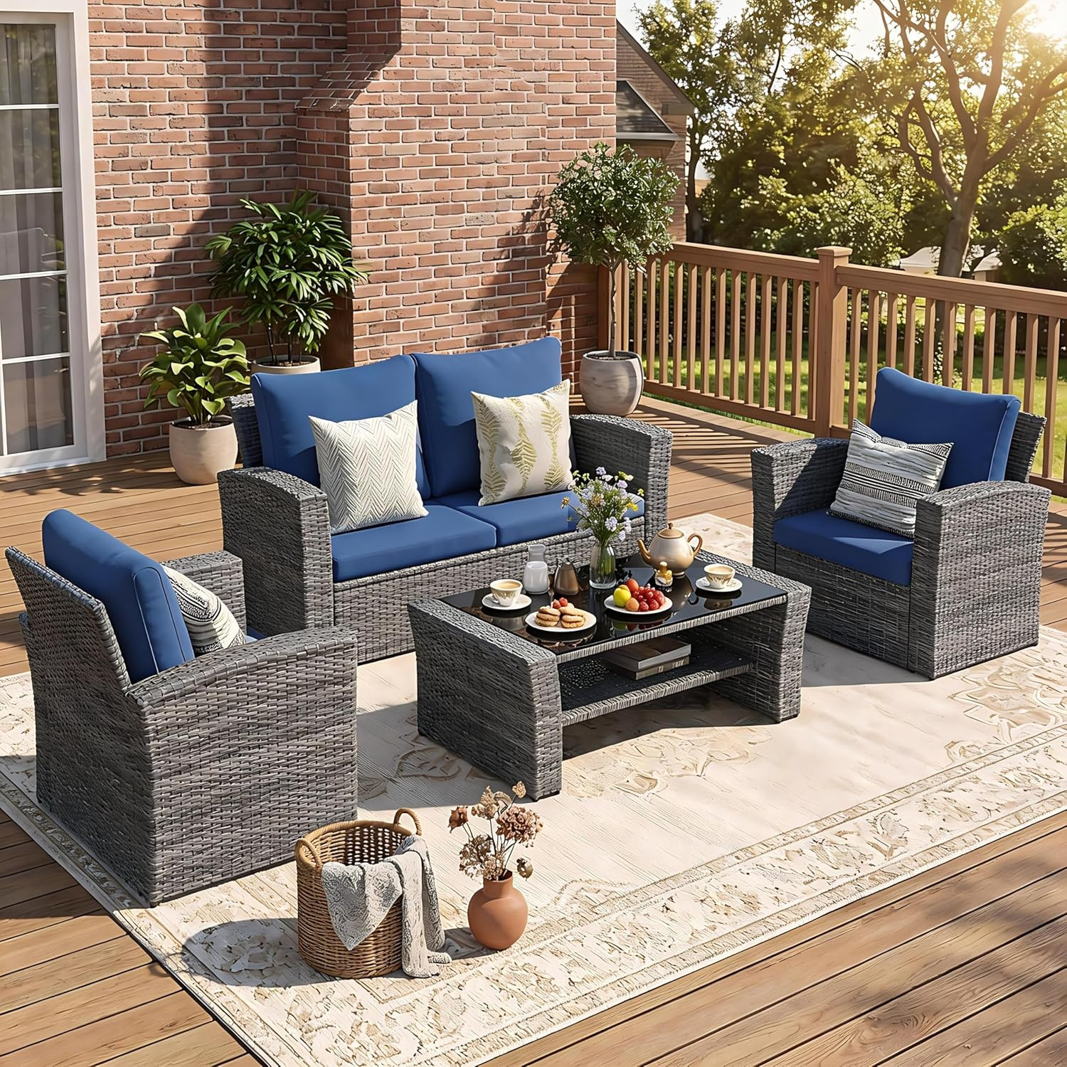 Dark Blue Wicker Patio Furniture Set with High Backrest & Wide Armrests