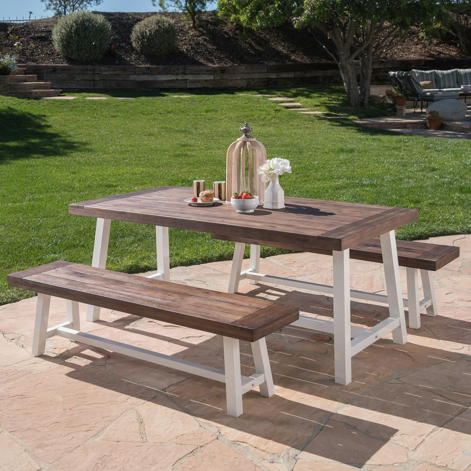 Modern Industrial 3-Piece Acacia Wood Picnic Dining Set with Benches