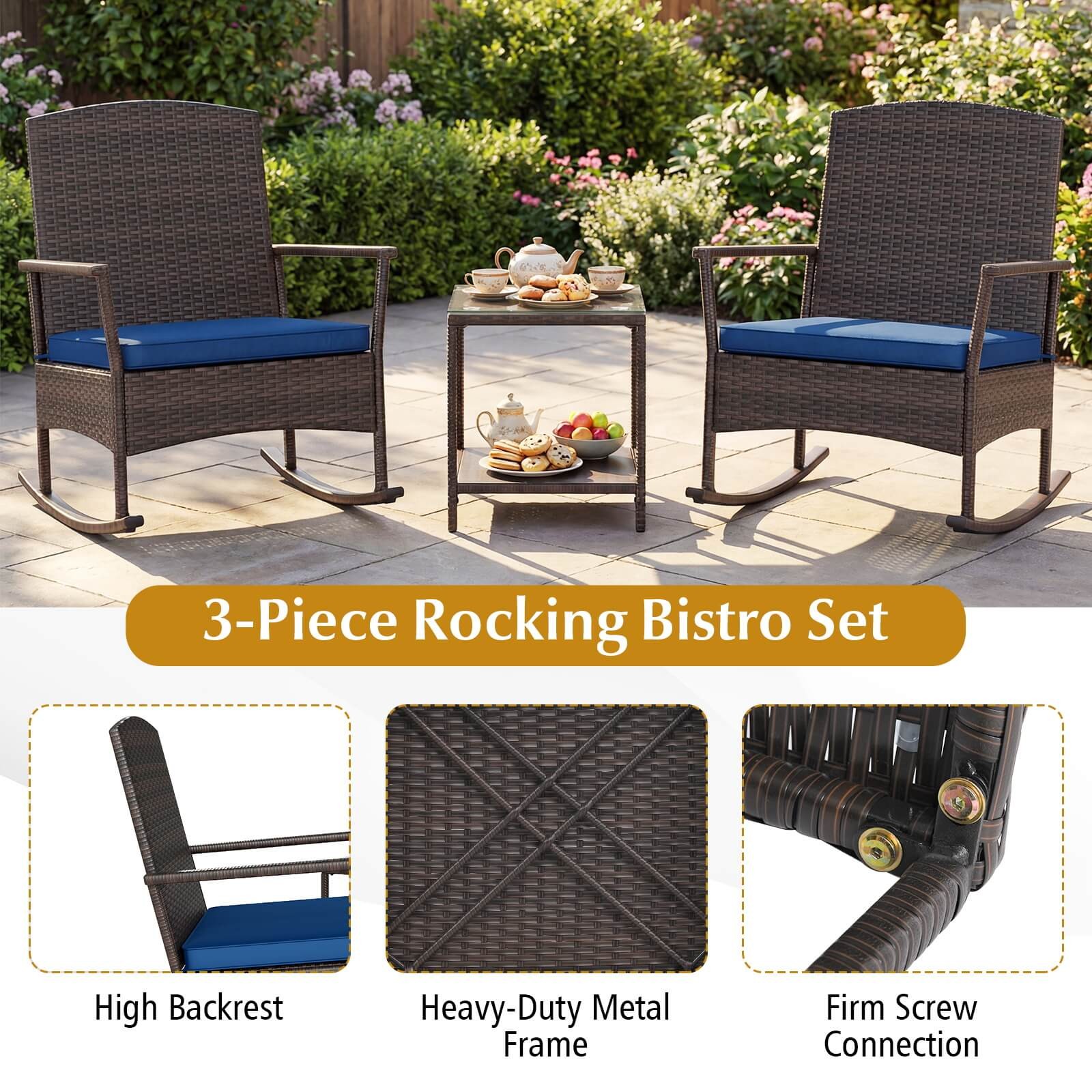 3 Piece Patio Rocking Bistro Set, 2 Rattan Armchairs w/ 2-Tier Side Table