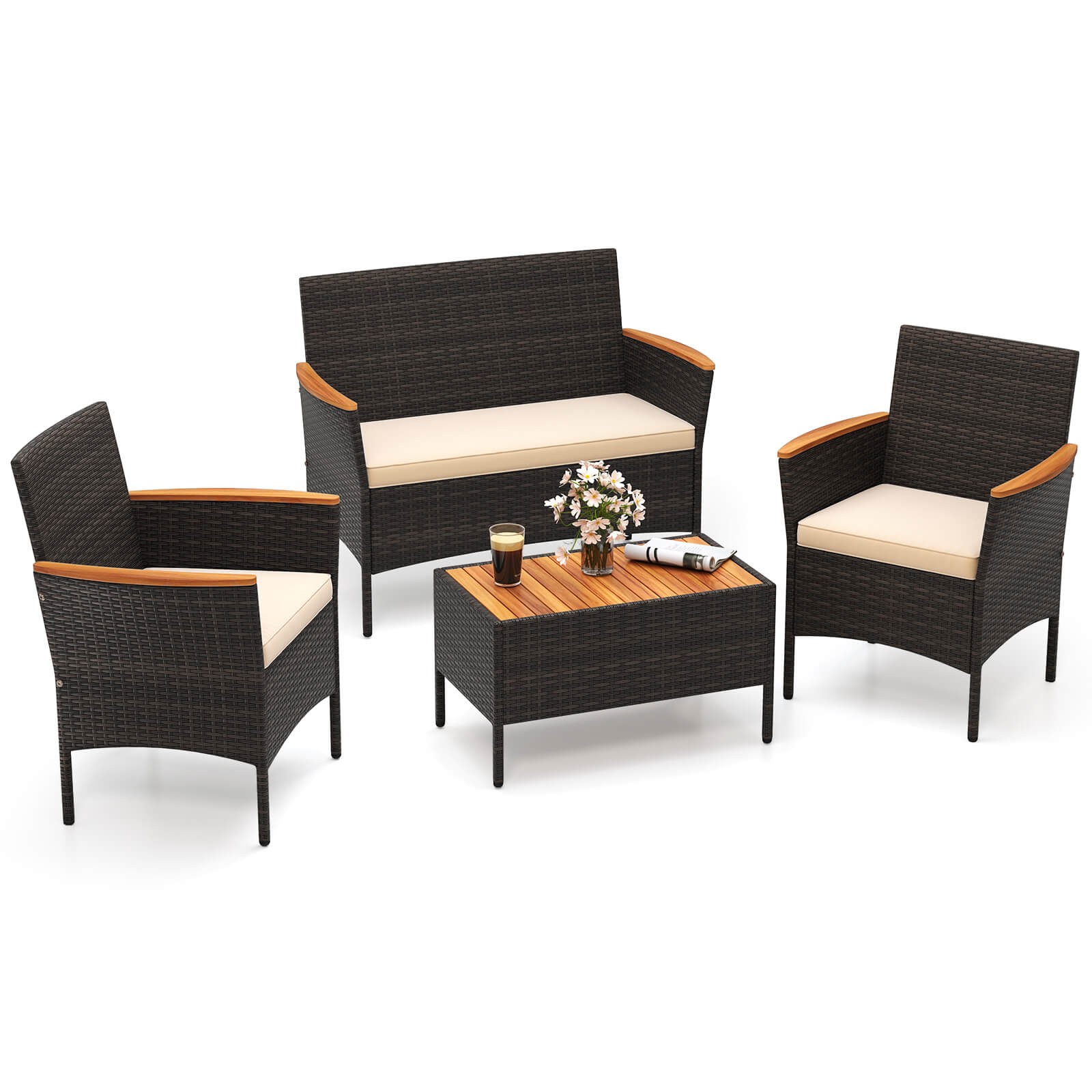 4 PCS Patio Wicker Sofa Set with Coffee Table Acacia Wood Armrests & Tabletop