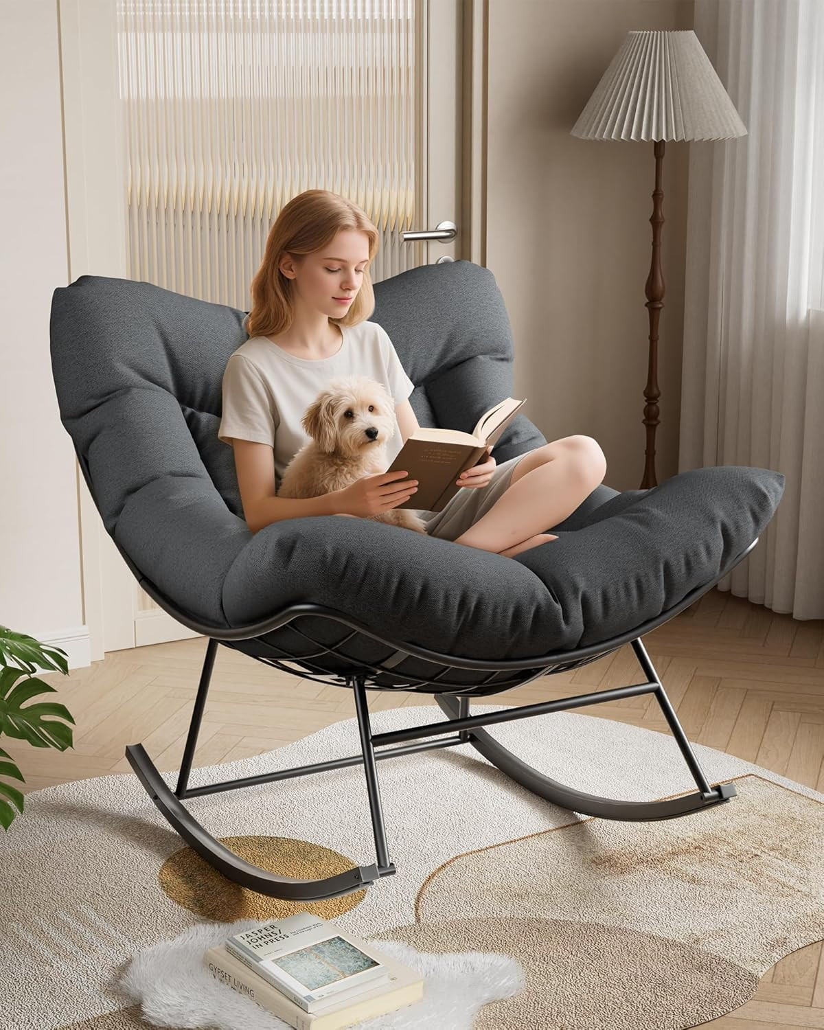 Comfortable Metal Rocking Chair with 6” Cushion, Indoor/Outdoor, 350 Lbs Capaci
