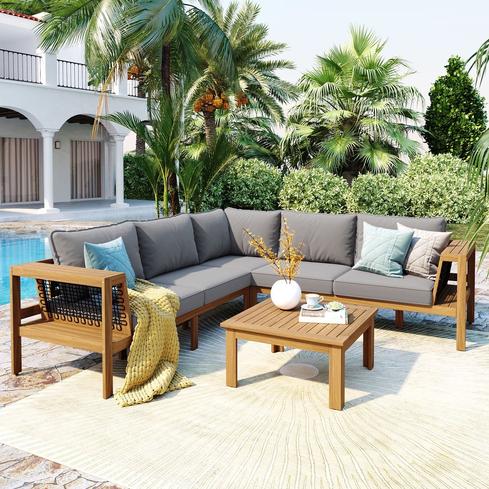 4-Piece Acacia Wood Patio Sofa Set w/ Coffee Table – L-Shaped Outdoor Sectional