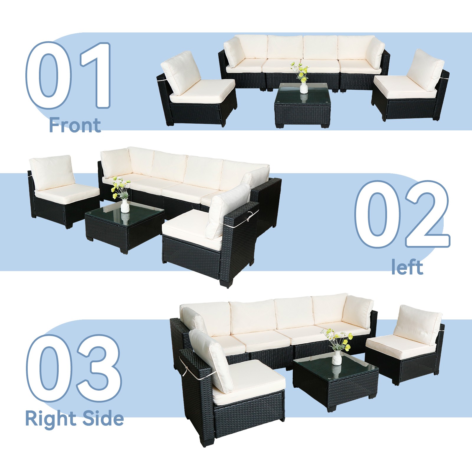 Sofa Set Table With Sofa Chair Black PE Rattan Indoor Or Outdoor 7 Piece Set