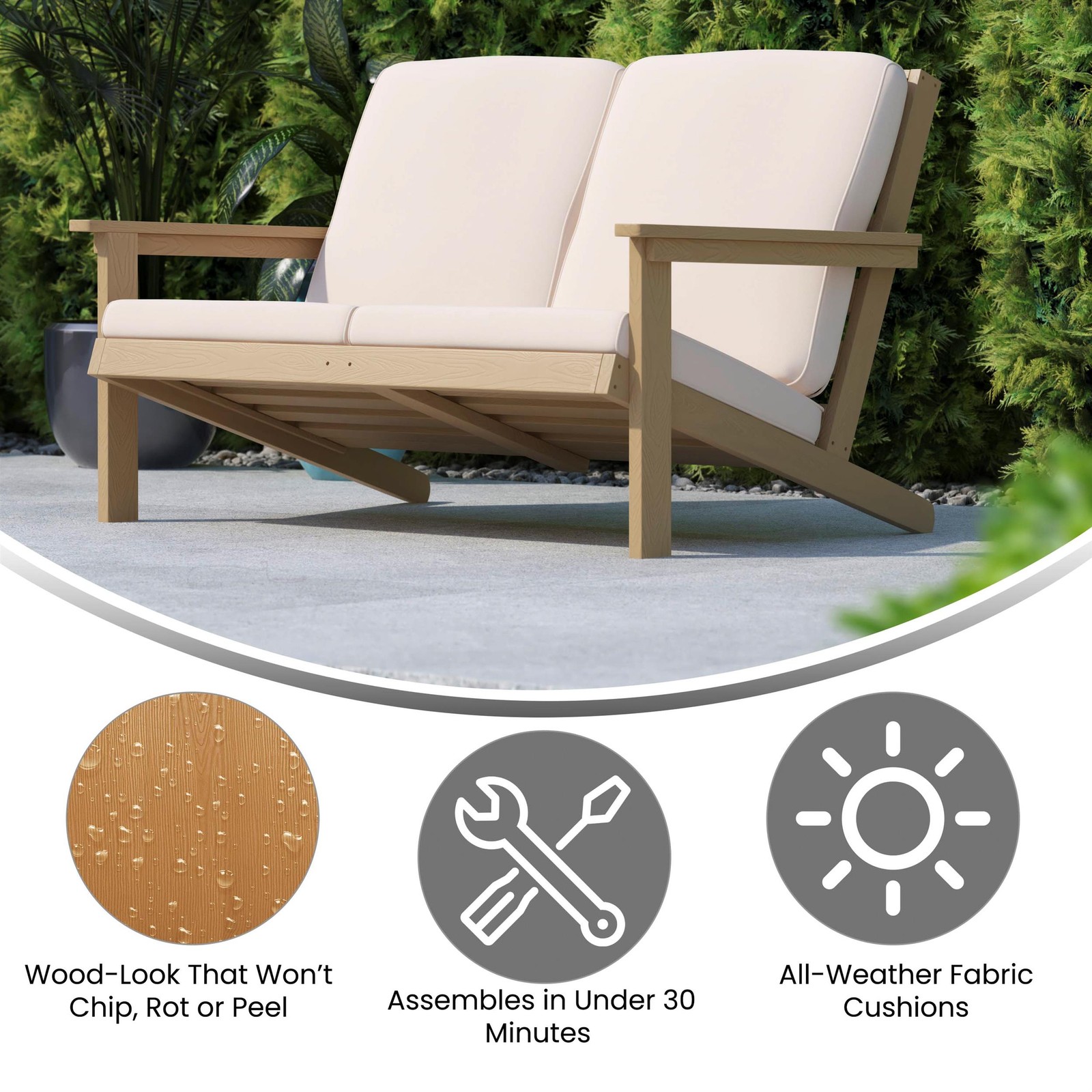 All-Weather Poly Resin Adirondack Loveseat & Cushions – Natural Cedar/Cream