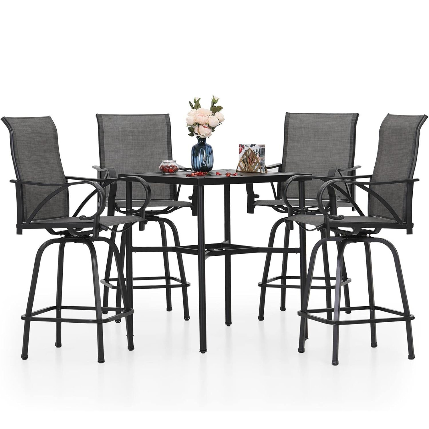 Patio Bar Table Chair Set of 5 Outdoor Swivel Bar Height Chair Bar Stools Gray