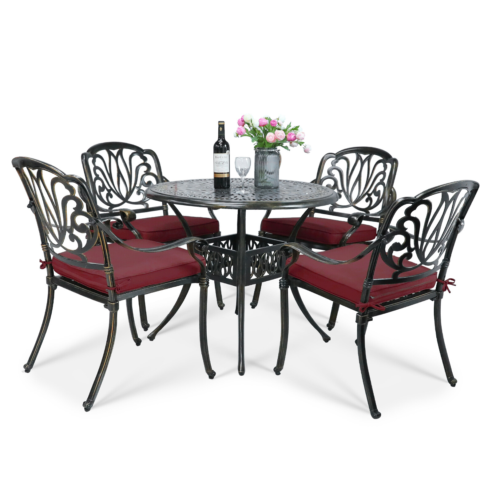 5-Piece Outdoor Furniture Dining Set Cast Aluminum Conversation Set W/ Cushions