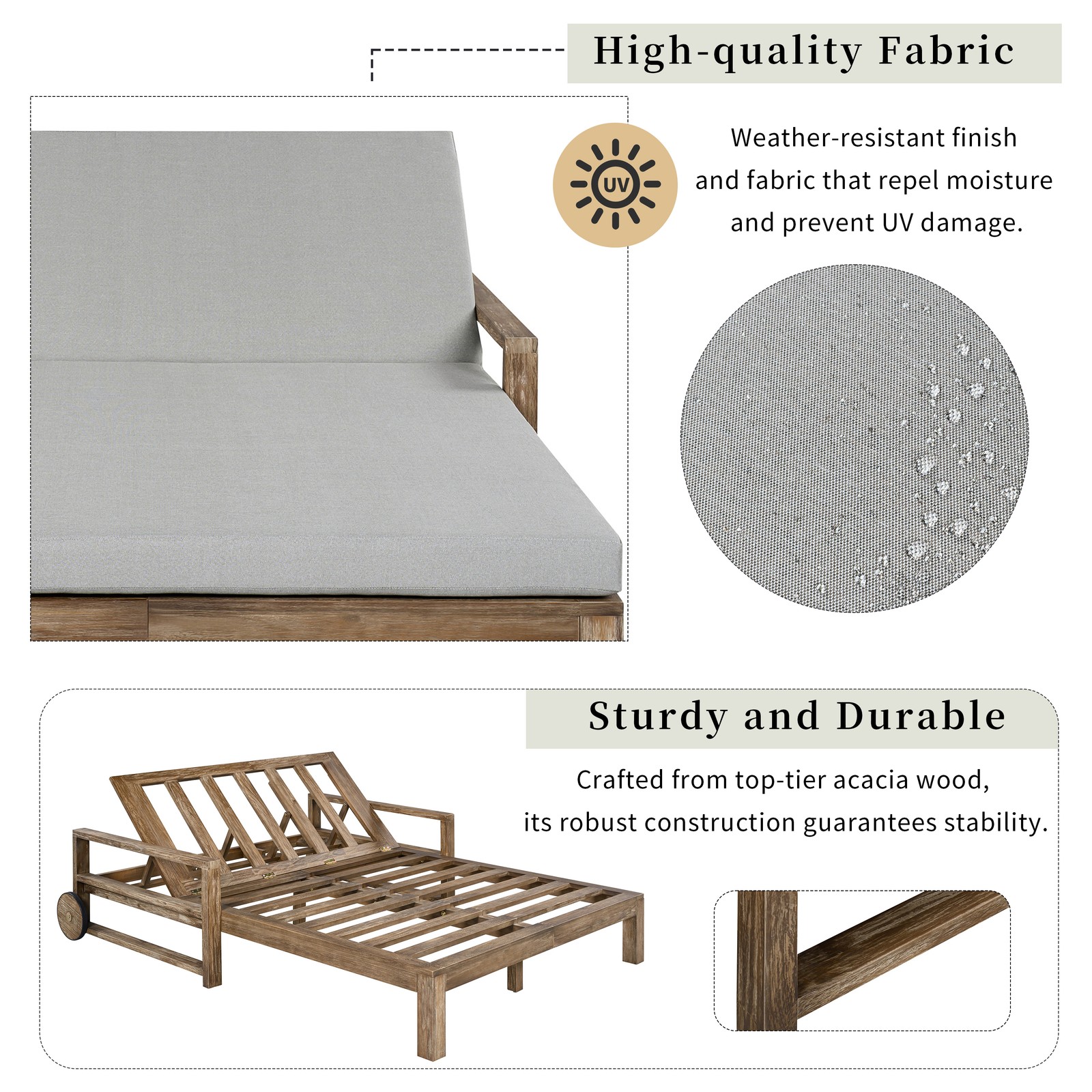 Farmhouse Wooden Outdoor Sunbed Daybed with Wheels for Poolside, Garden