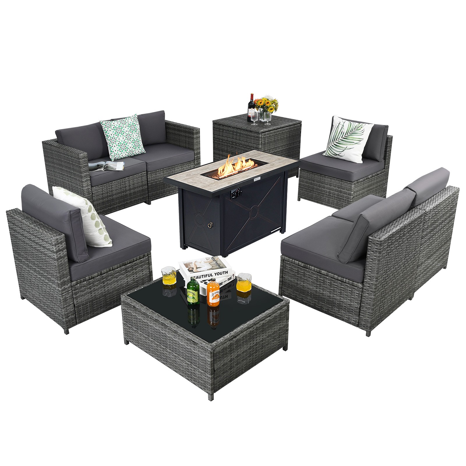 Patiojoy 9 PCS Patio Rattan Furniture Set Fire Pit Table Storage Grey W/Cover