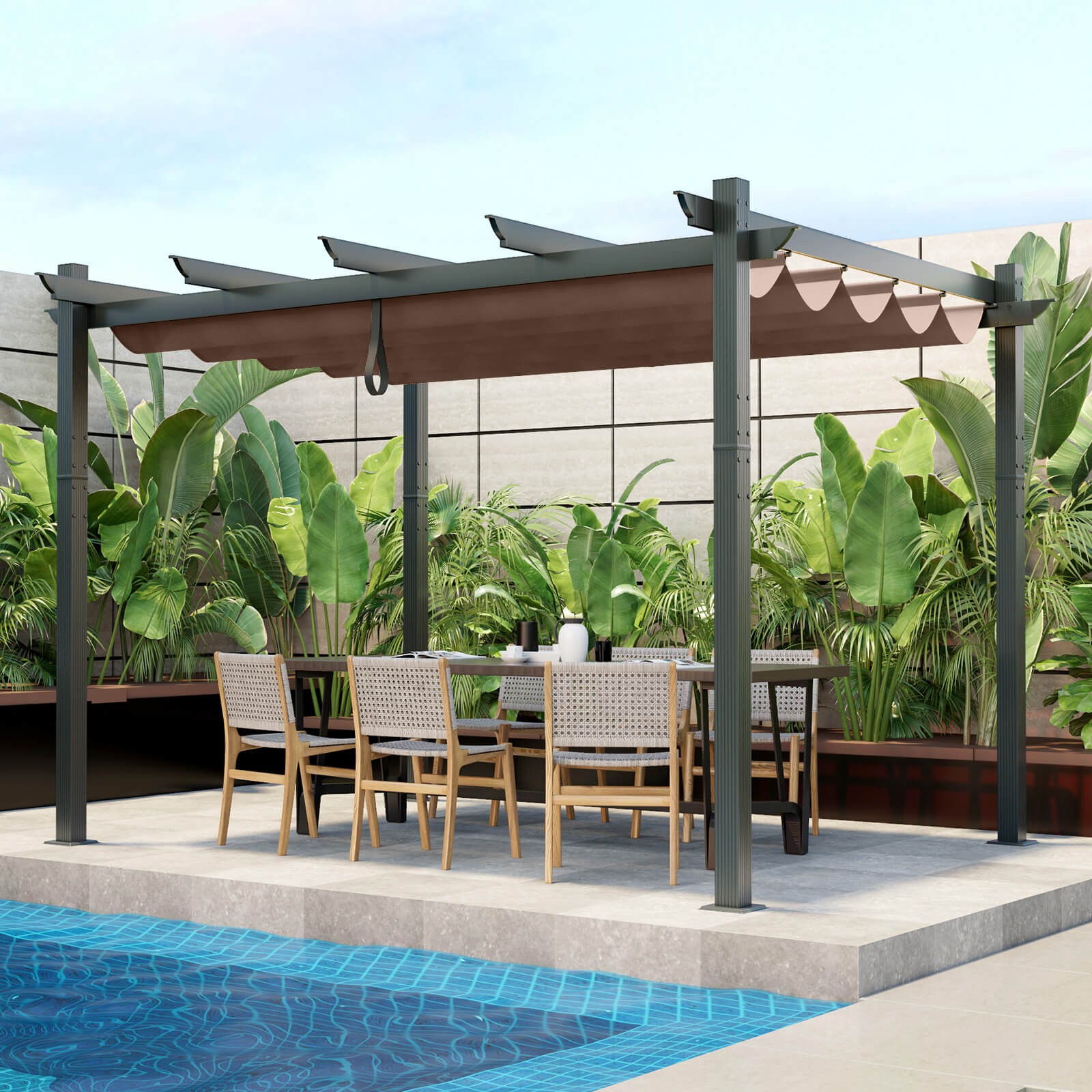 10x12ft Outdoor Aluminum Retractable Pergola Canopy Shelter Grape Trellis Brown
