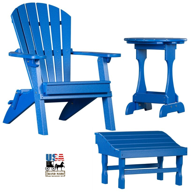 3pc 4 SEASON ADIRONDACK SET – ROYAL BLUE Folding Chair Ottoman & Candy Table USA