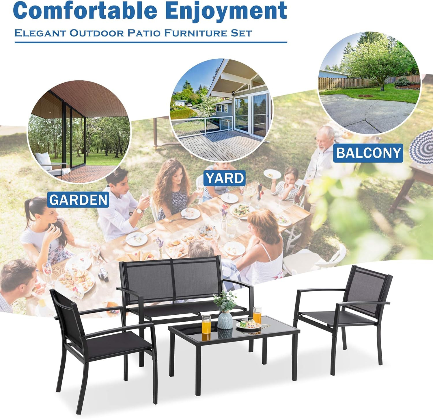 4 Pieces Patio Furniture Sets,Outdoor Patio Conversation Sets with Glass Coffee