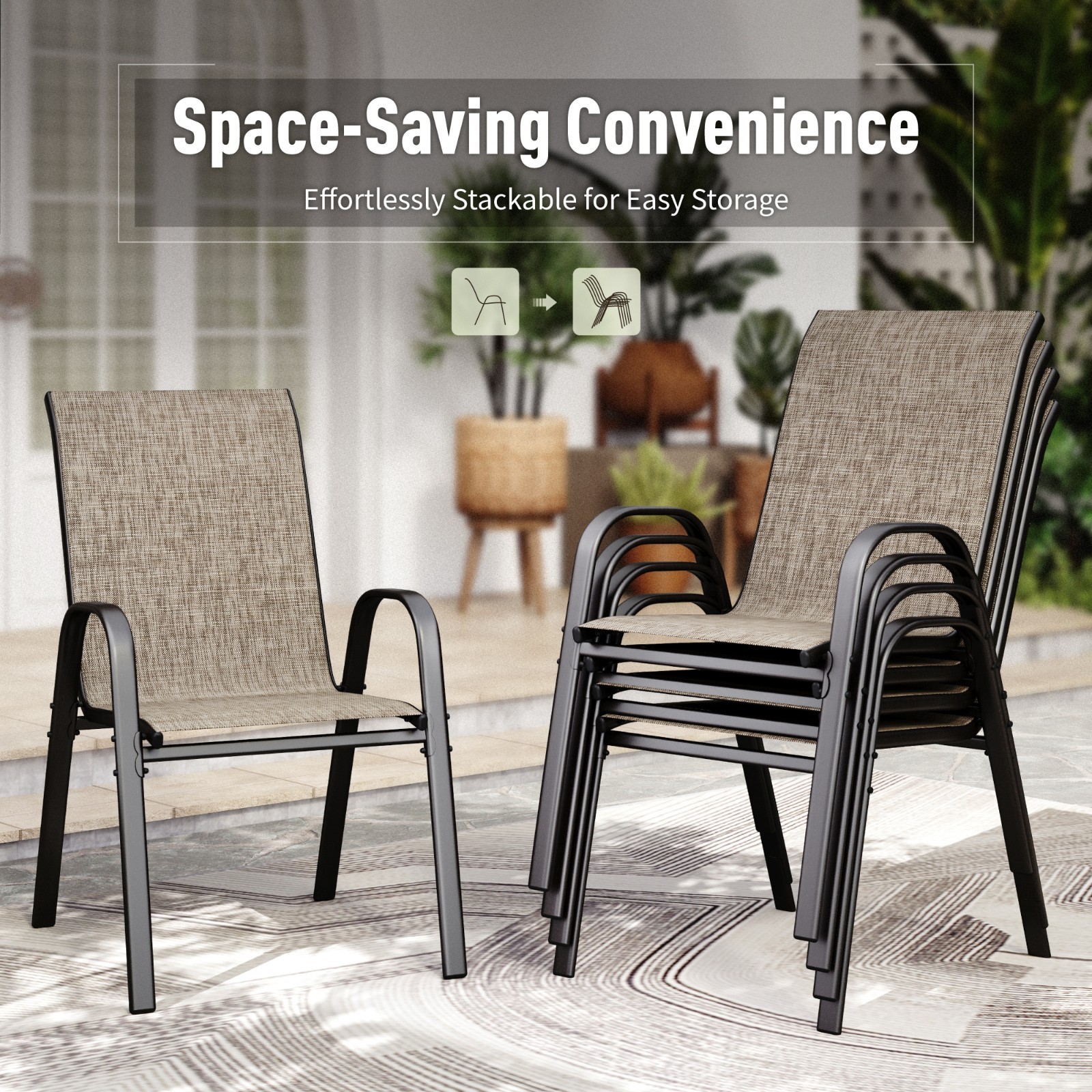 7 Piece Outdoor Dining Set with 6 Stackable Patio Chairs Metal Rectangular Table