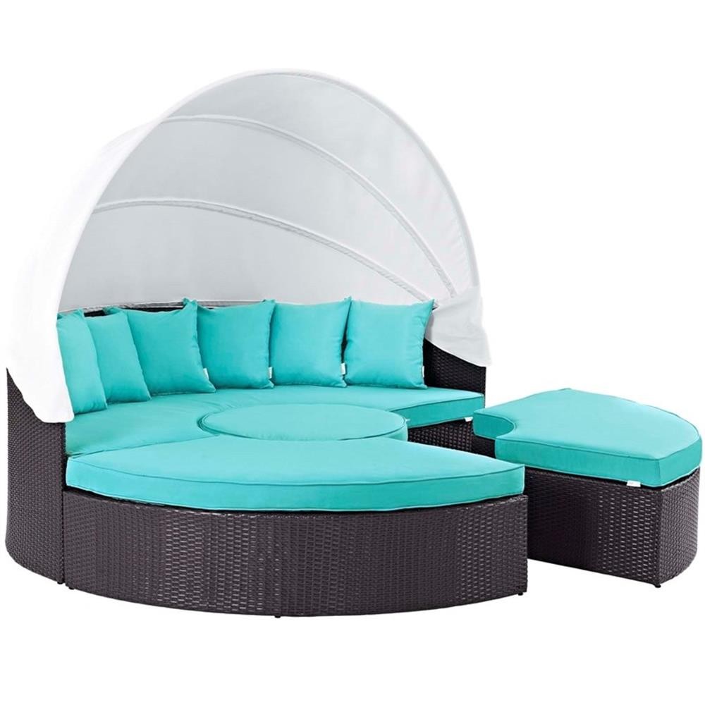 Bowery Hill Canopy Aluminum and Rattan Patio Daybed in Turquoise/Espresso