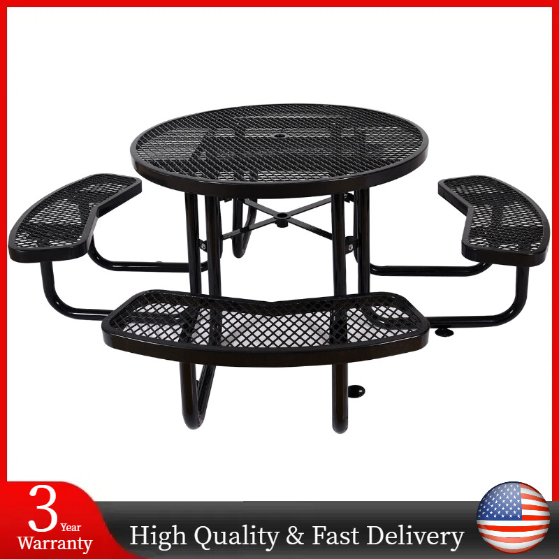 46” Coated Steel Outdoor Round Picnic Table & Bench Set for 8 w/ Umbrella Pole