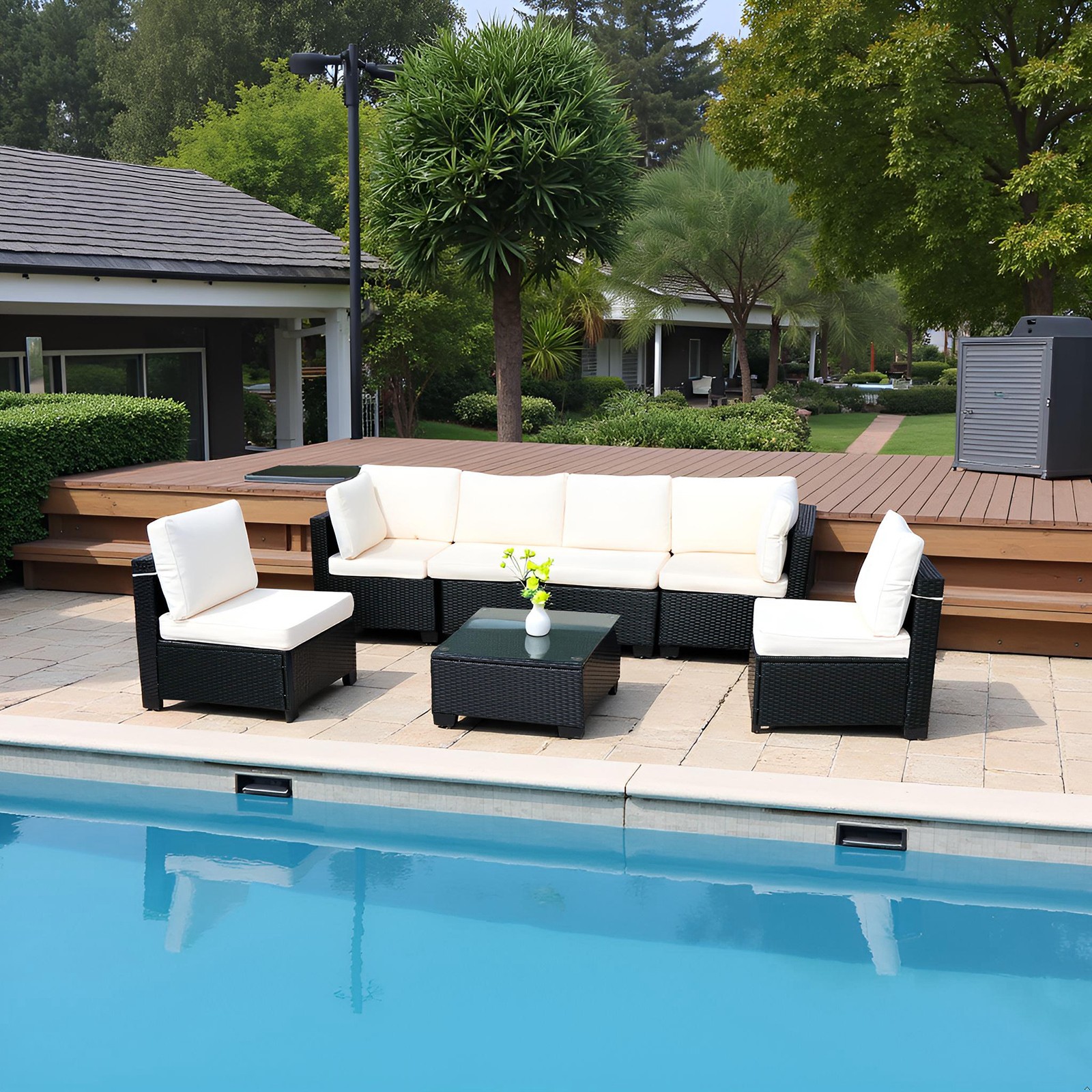 Sofa Set Table With Sofa Chair Black PE Rattan Indoor Or Outdoor 7 Piece Set