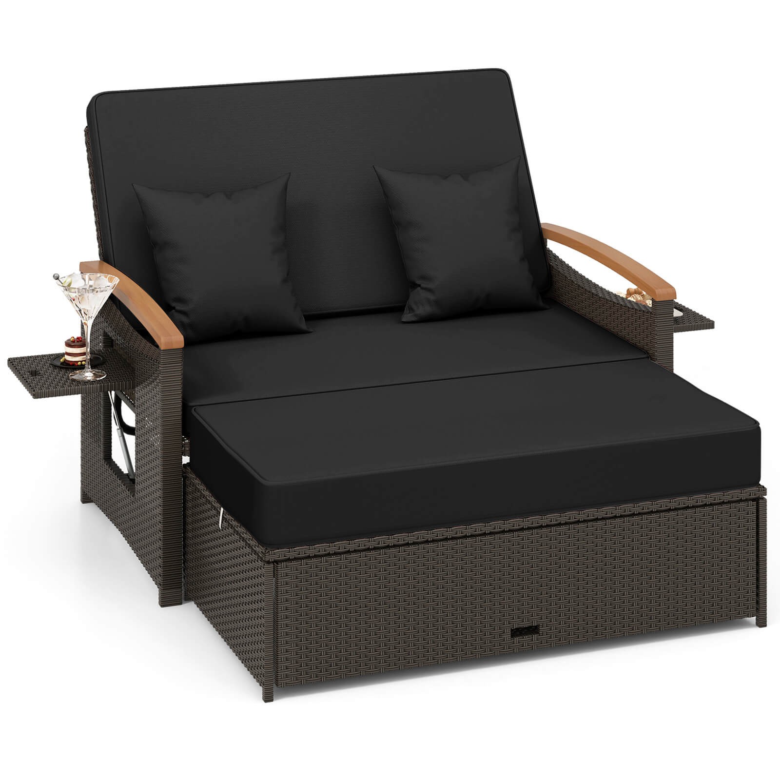 Patio Rattan Daybed Set w/Cushioned Loveseat & Storage Ottoman for Porch Black